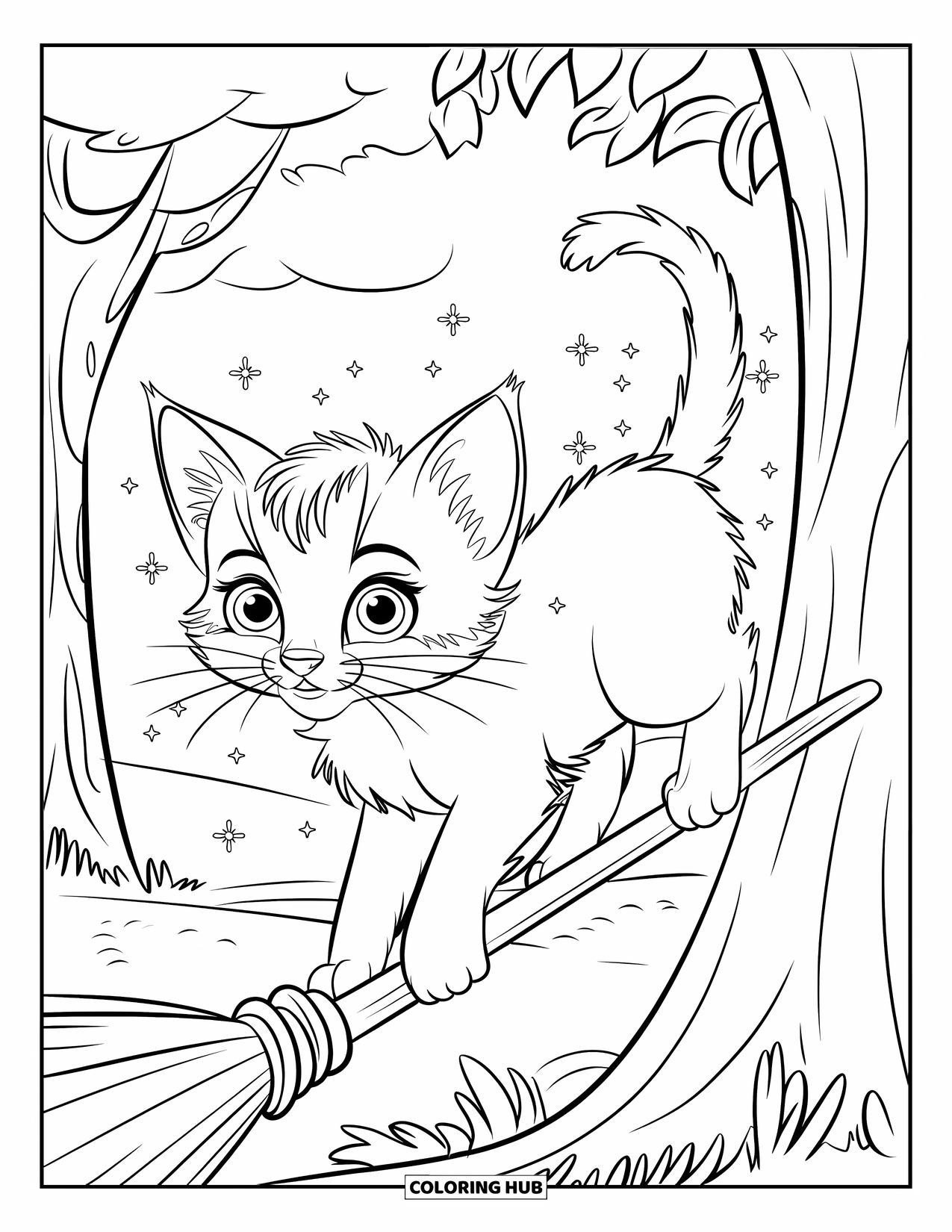 Kitten Coloring Page for Kids: A fluffy kitten sits on a broomstick, its wide eyes reflecting the glow of floating sparkles
