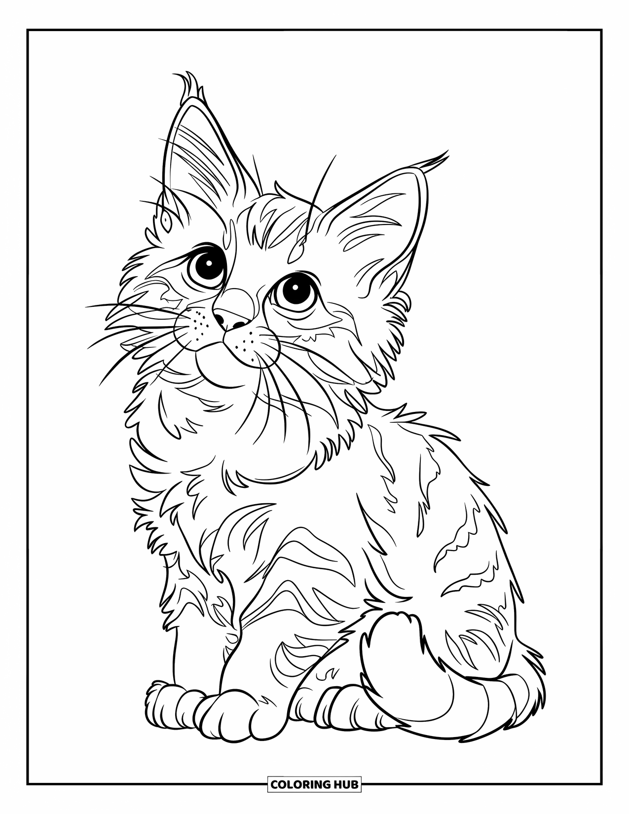 Kitten Coloring Page for Kids: A fluffy kitten with big paws sits on a grassy hill, gazing at the clouds drifting by