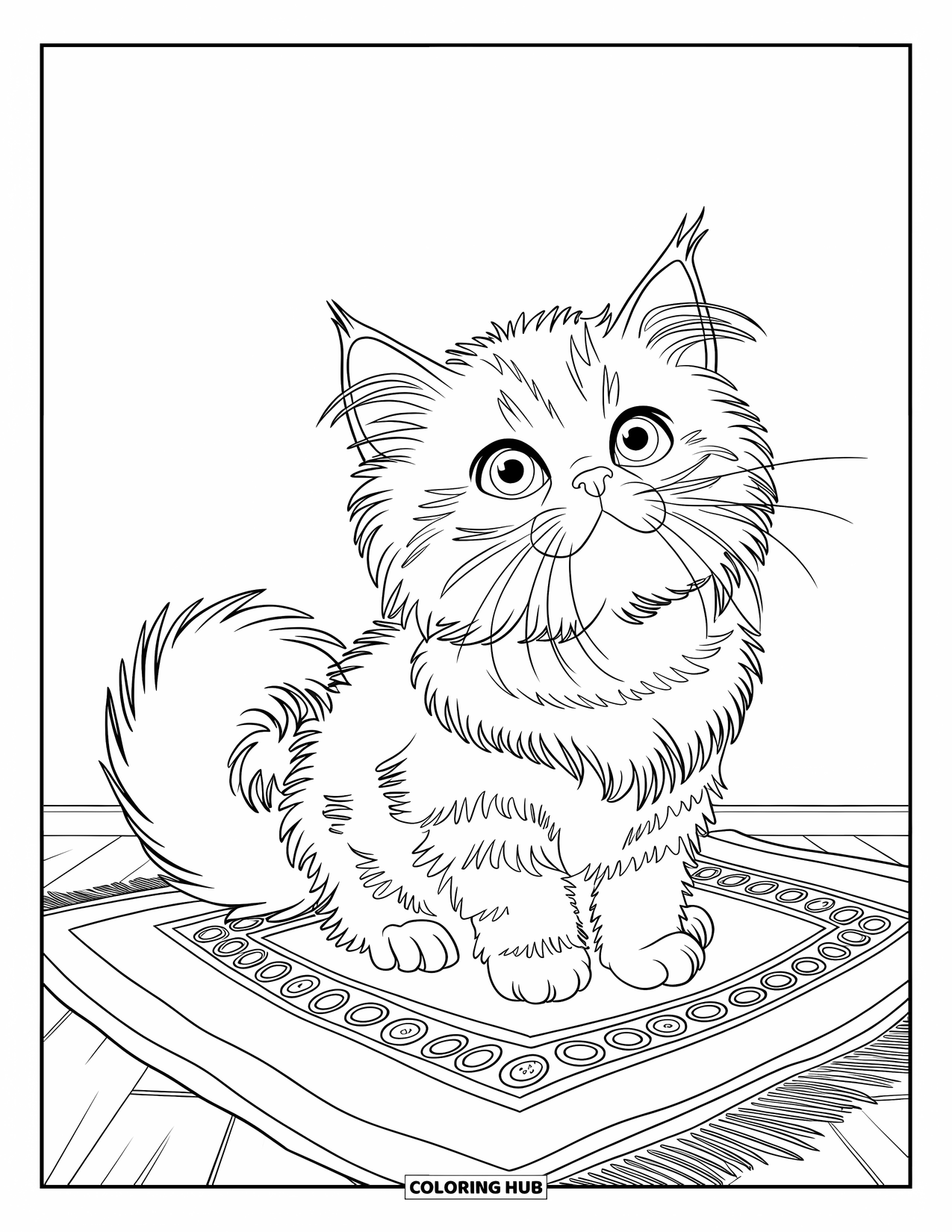 Kitten Coloring Page for Kids: A fluffy Persian kitten rests on a soft rug, its little tail curling around its feet