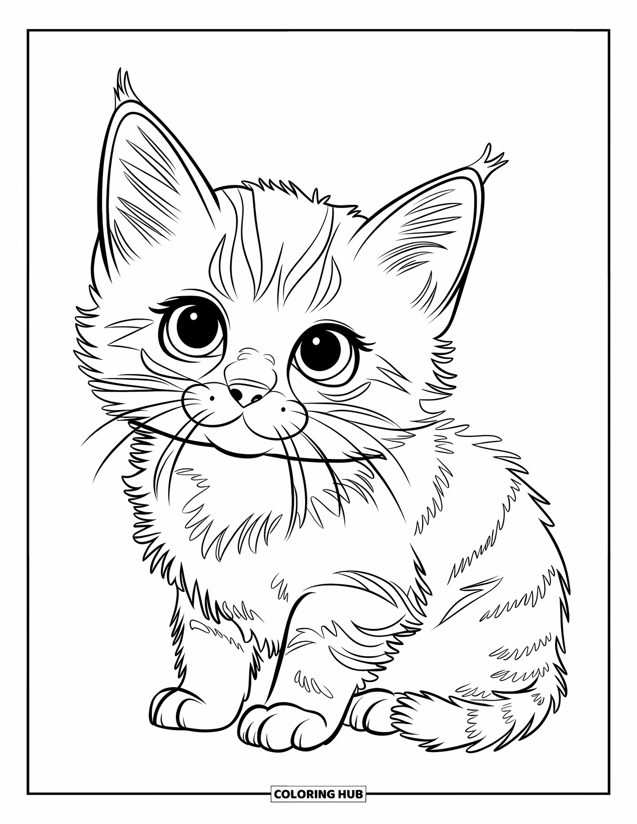 Kitten Coloring Page for Kids: A fluffy Ragdoll kitten sits quietly, its wide eyes reflecting curiosity in a simple scene