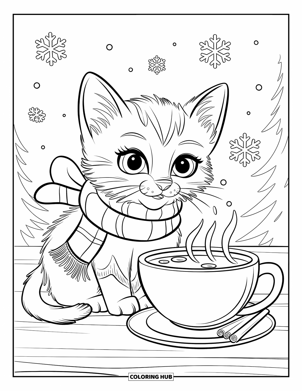 Kitten Coloring Page for Kids: A kitten in a cozy scarf sits beside a steaming cup of hot cocoa on a snowy day