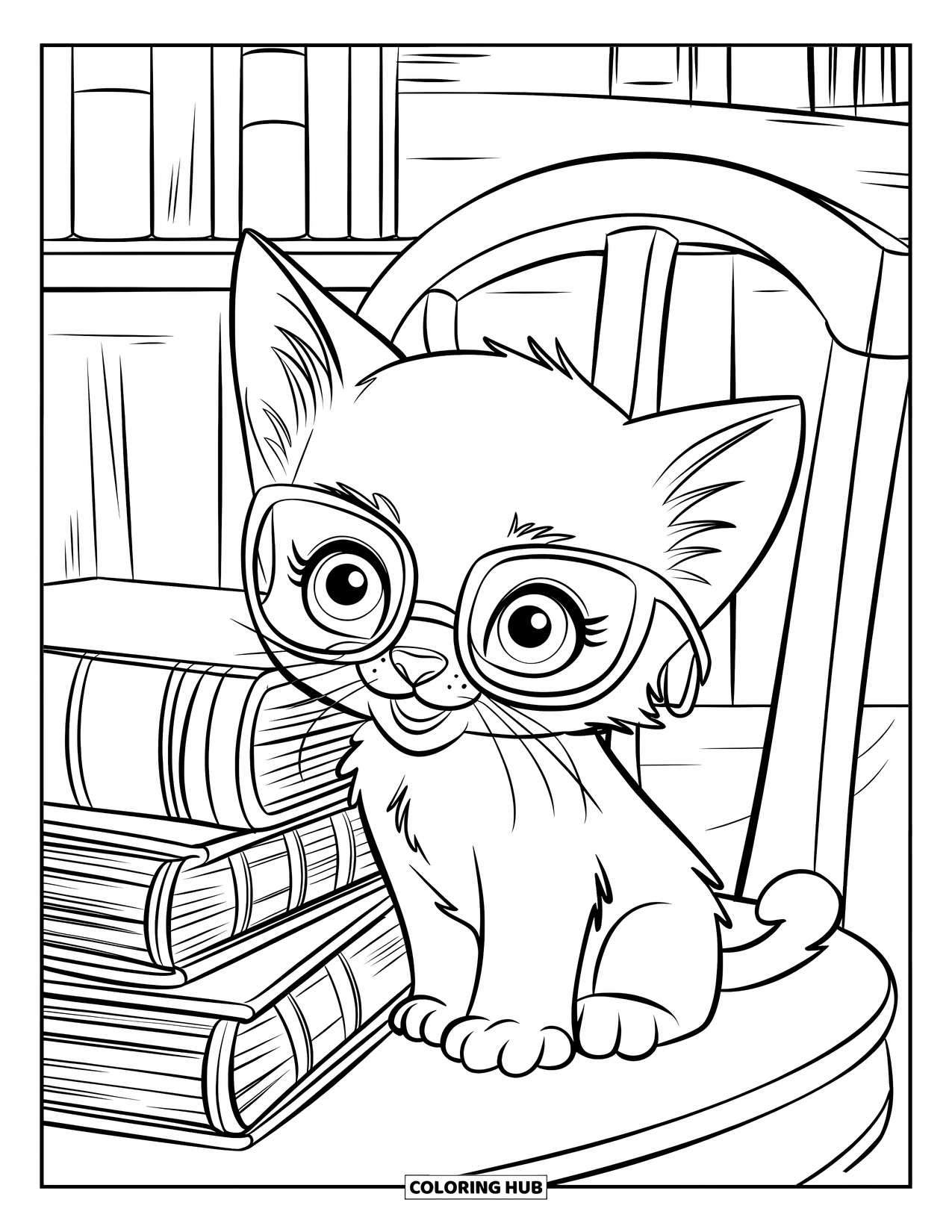 Kitten Coloring Page for Kids: A kitten peers through small glasses, sitting next to a leaning tower of books