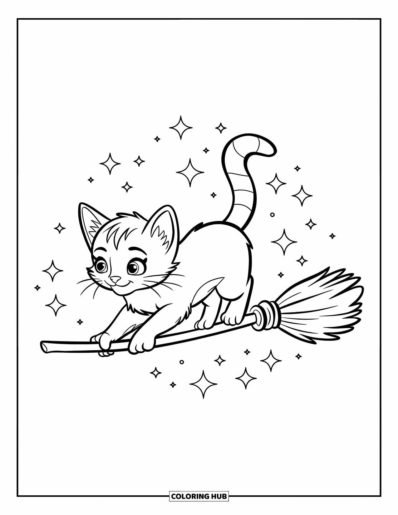 Kitten Coloring Page for Kids: A kitten perches on a broomstick, surrounded by tiny sparkles in a magical setting