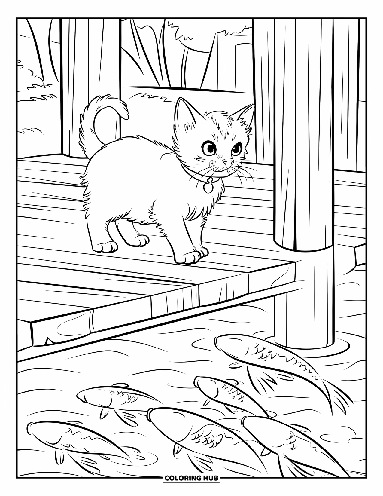 Kitten Coloring Page for Kids: A kitten perches on a dock, its paws raised as it watches koi fish swim below