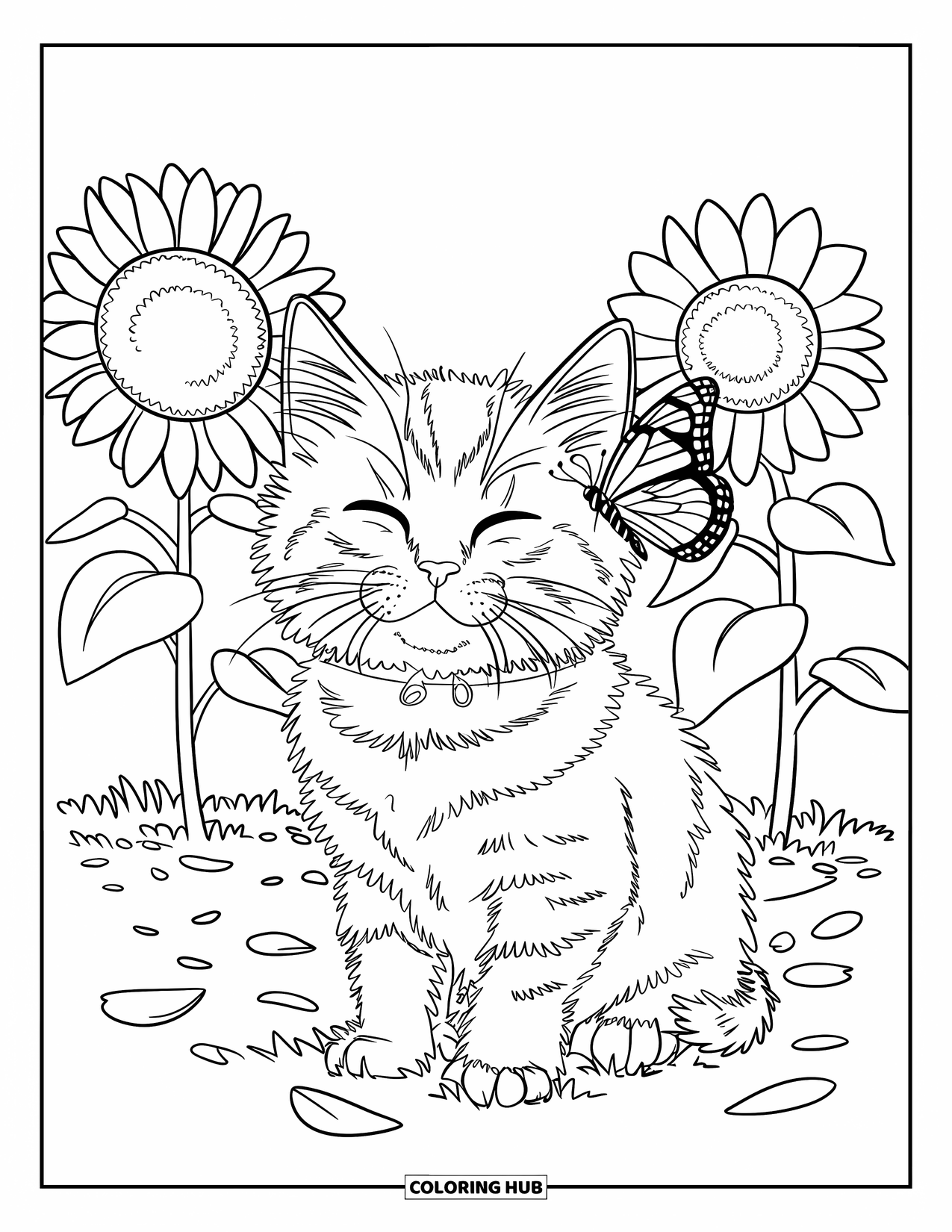Kitten Coloring Page for Kids: A kitten rests in a field of sunflowers, its eyes closed as a butterfly lands nearby