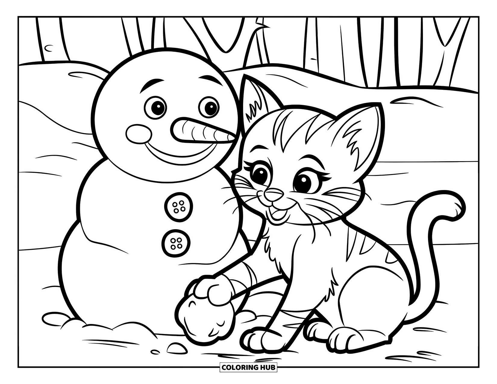 Kitten Coloring Page for Kids: A kitten sits by a snowman, its paw raised as if to bat at a tiny snowball