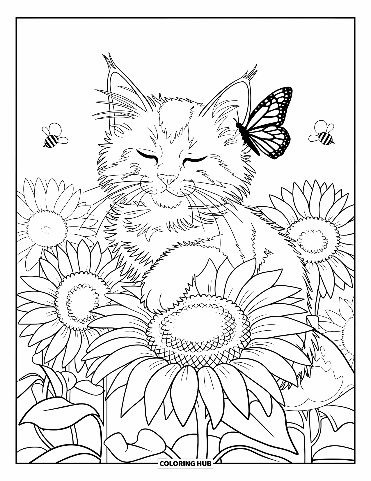Kitten Coloring Page for Kids: A kitten sits on a sunflower, eyes closed, as butterflies and bees flutter around