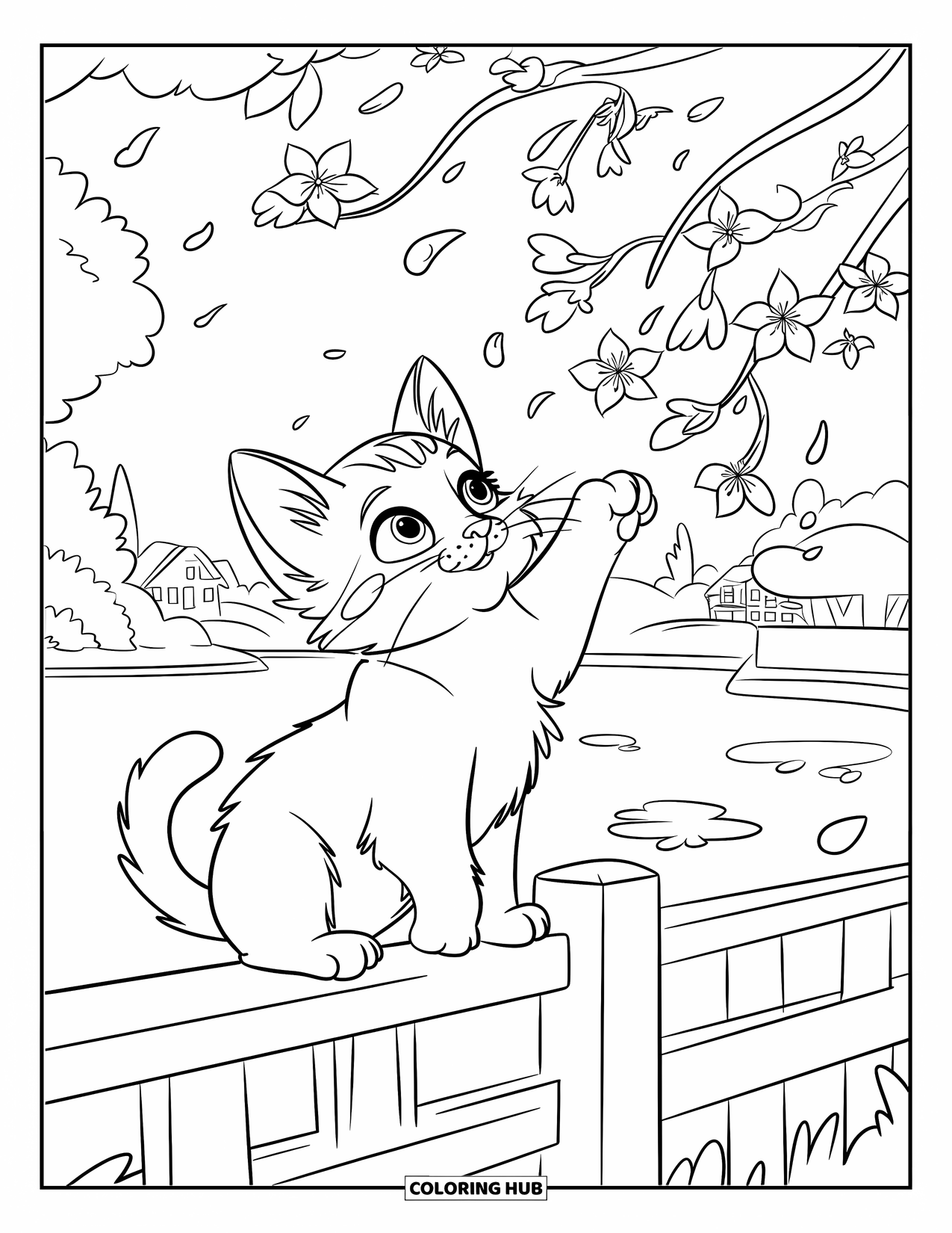Kitten Coloring Page for Kids: A kitten sits on a wooden fence, watching cherry blossoms fall gently around a quiet landscape
