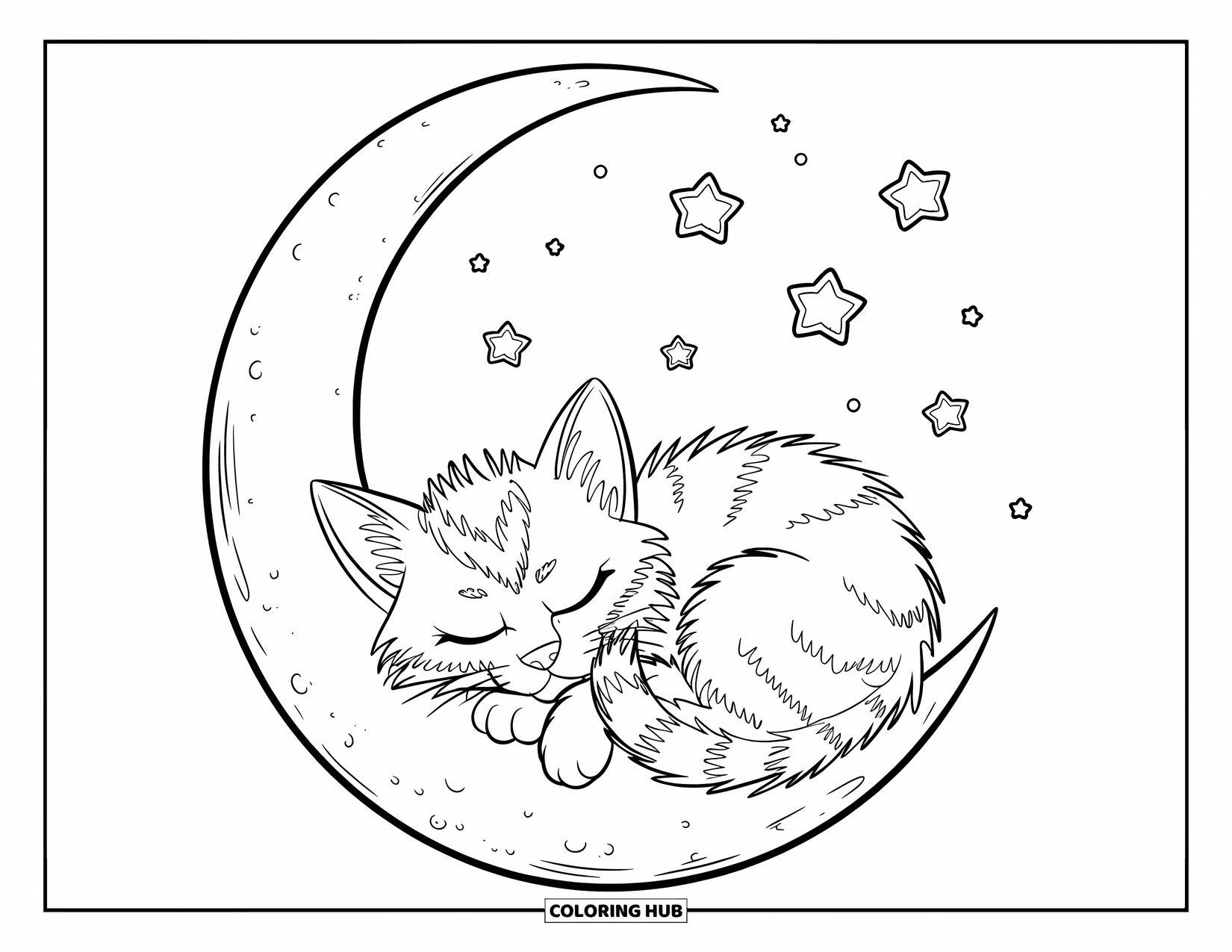 Kitten Coloring Page for Kids: A kitten sleeps peacefully inside a crescent moon, tiny stars floating around in the night sky