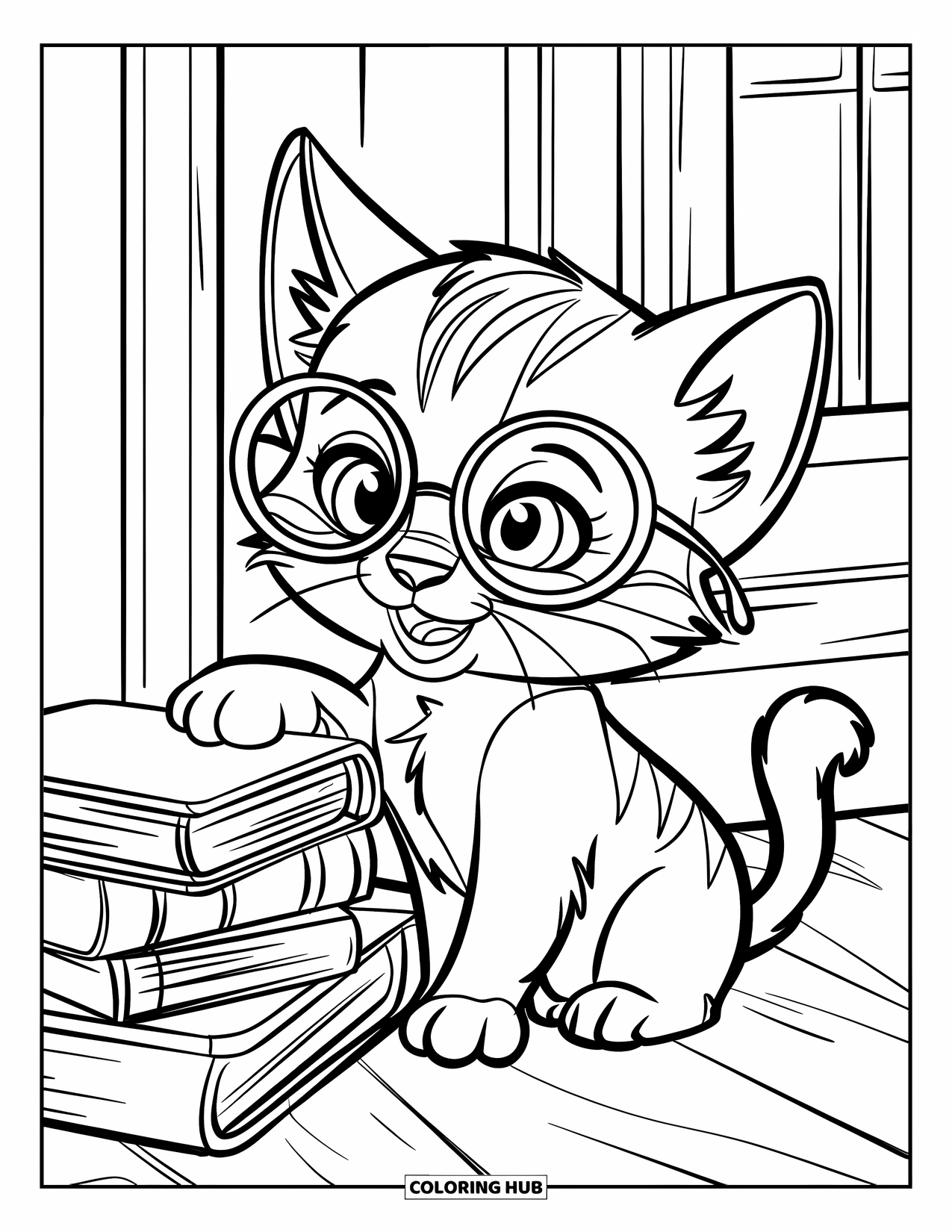 Kitten Coloring Page for Kids: A kitten wearing reading glasses sits beside a stack of books in a cozy room