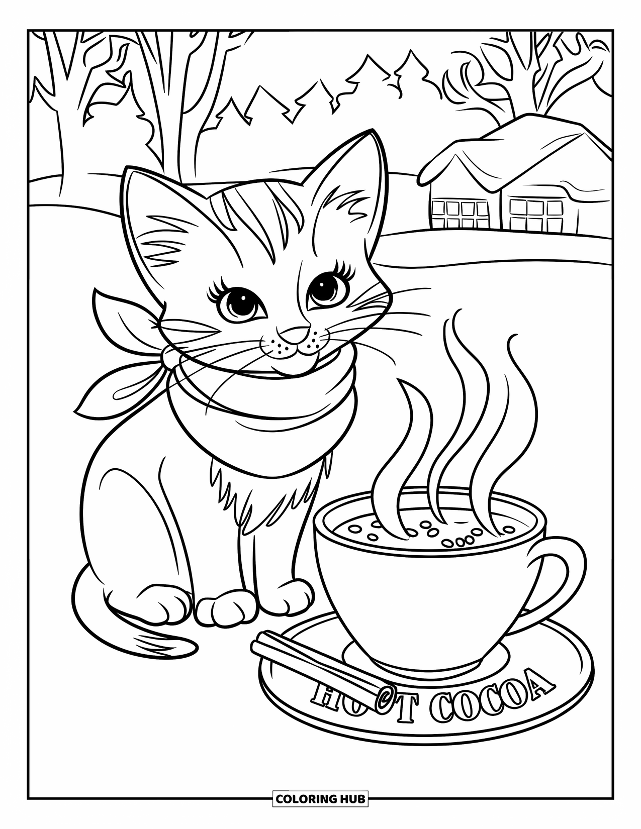 Kitten Coloring Page for Kids: A kitten with a scarf sits next to a steaming cocoa cup, winter trees in the background