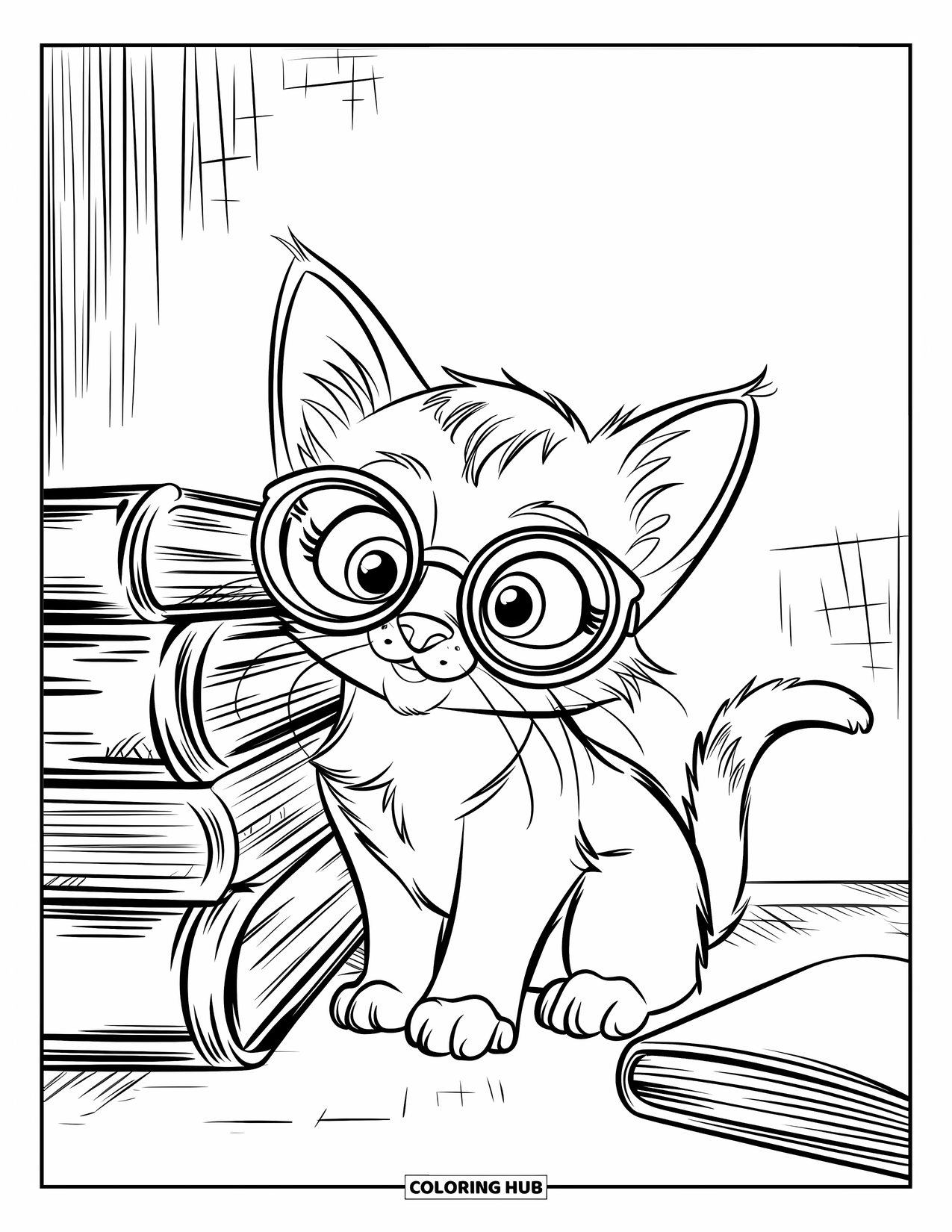 Kitten Coloring Page for Kids: A kitten with reading glasses rests beside a stack of books, gazing up in curiosity
