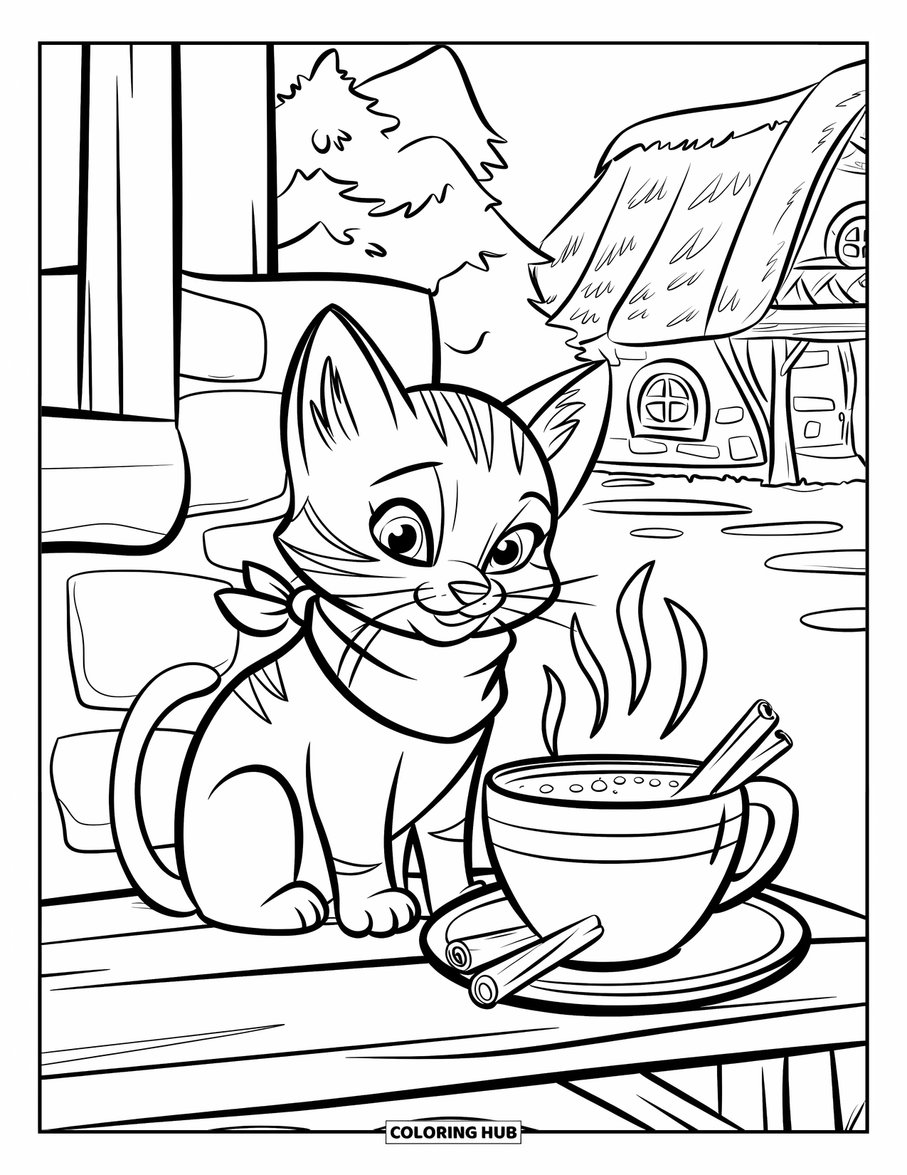 Kitten Coloring Page for Kids: A kitten wrapped in a warm scarf sits with hot cocoa, snowflakes falling softly around
