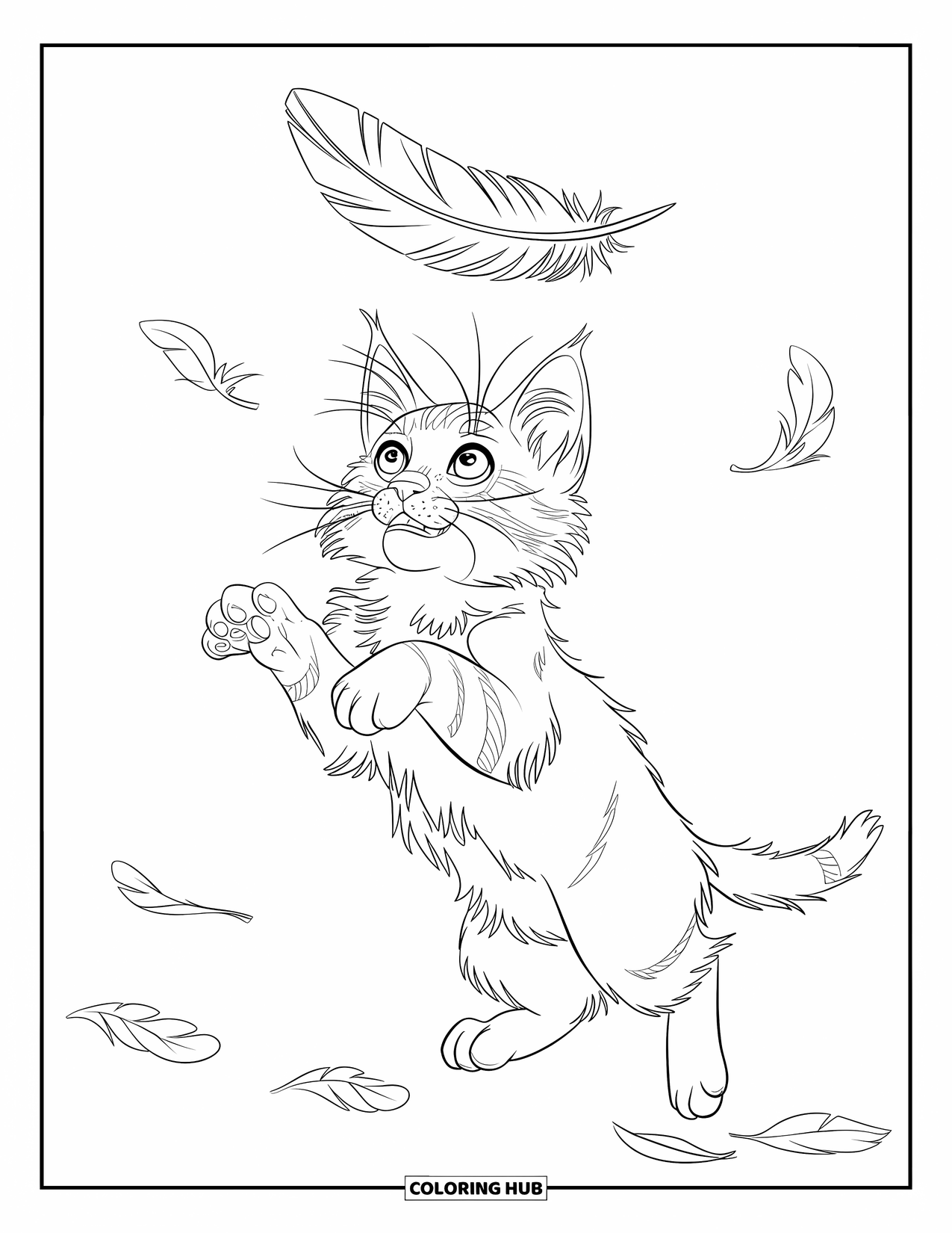 Kitten Coloring Page for Kids: A Maine Coon kitten playfully swipes at a feather, paws mid-air in an excited jump