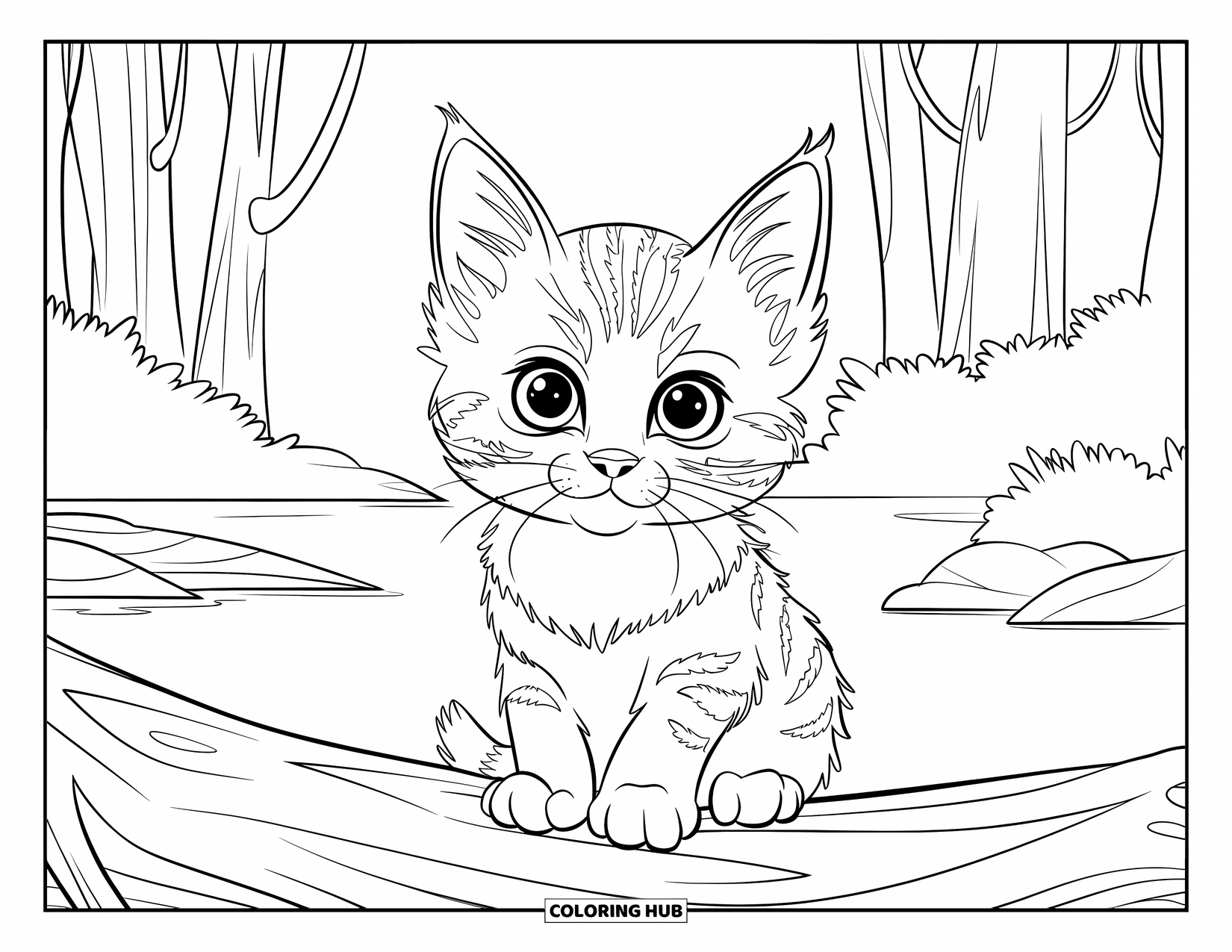 Kitten Coloring Page for Kids: A Norwegian Forest kitten sits on a log, gazing at a calm lake in a quiet forest