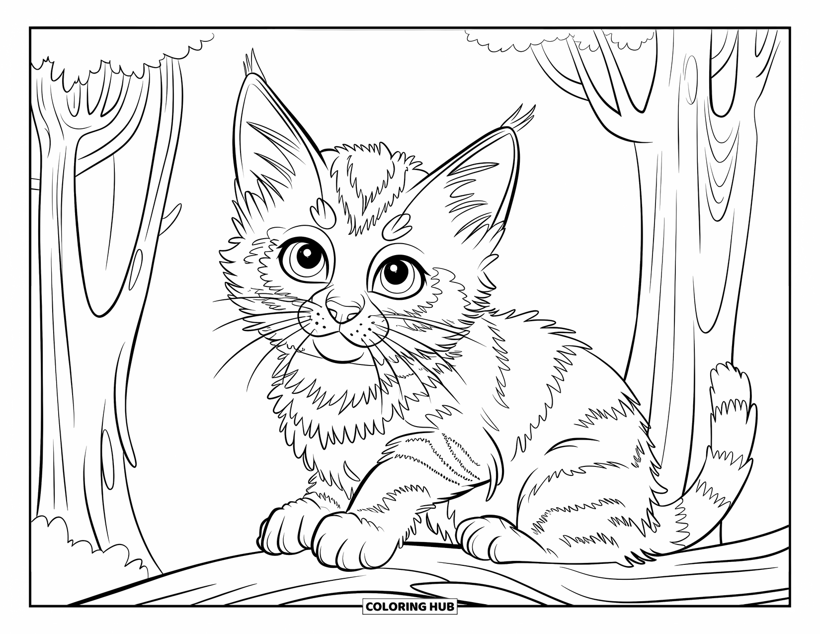 Kitten Coloring Page for Kids: A Norwegian Forest kitten sits on a rock, ears perked up in a peaceful woodland setting