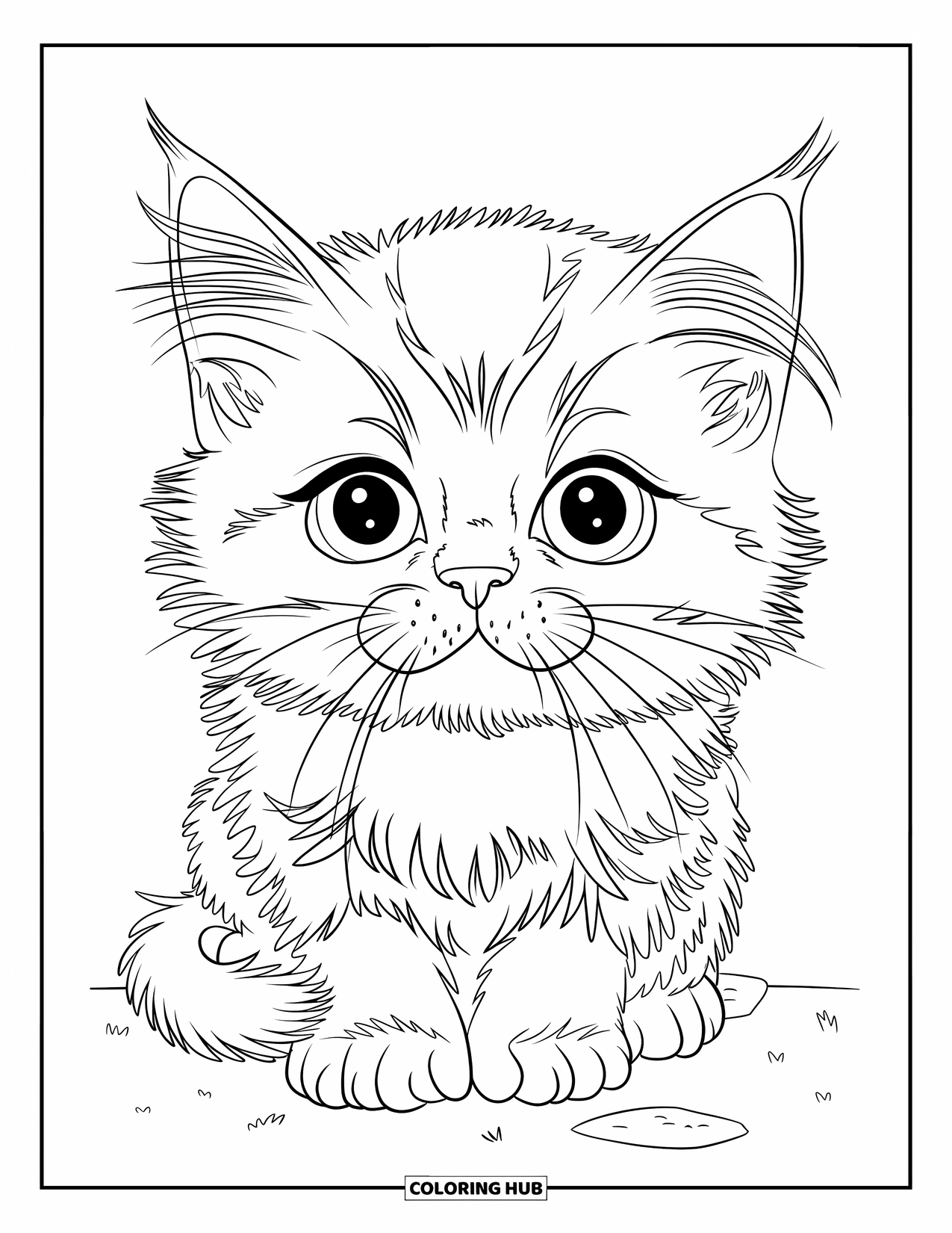 Kitten Coloring Page for Kids: A Persian kitten perches on a rock, its tiny paws tucked in as it surveys the scenery