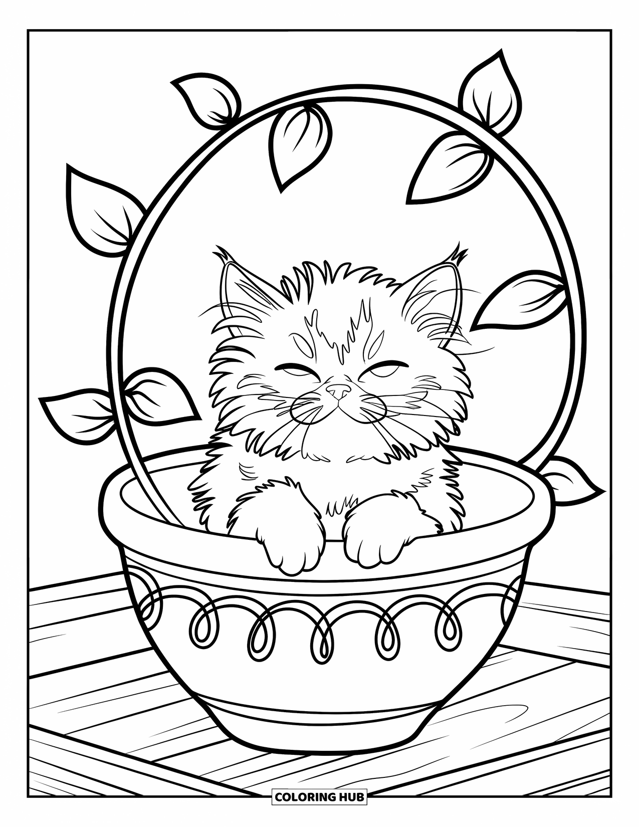 Kitten Coloring Page for Kids: A Persian kitten sits inside a decorative flower pot, vines curling gently around its edges