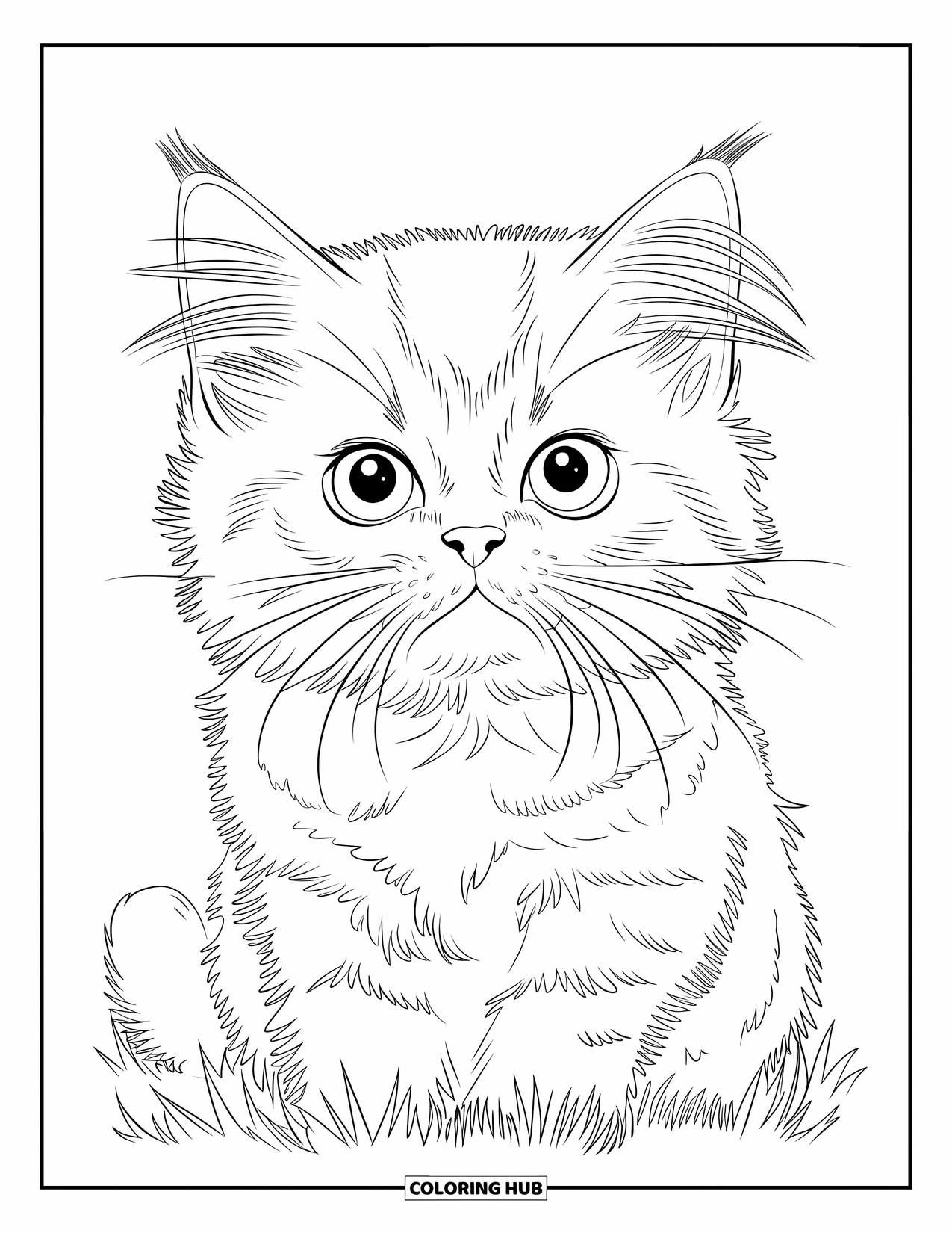 Kitten Coloring Page for Kids: A Persian kitten with soft fur sits on a grassy field, its round eyes filled with curiosity