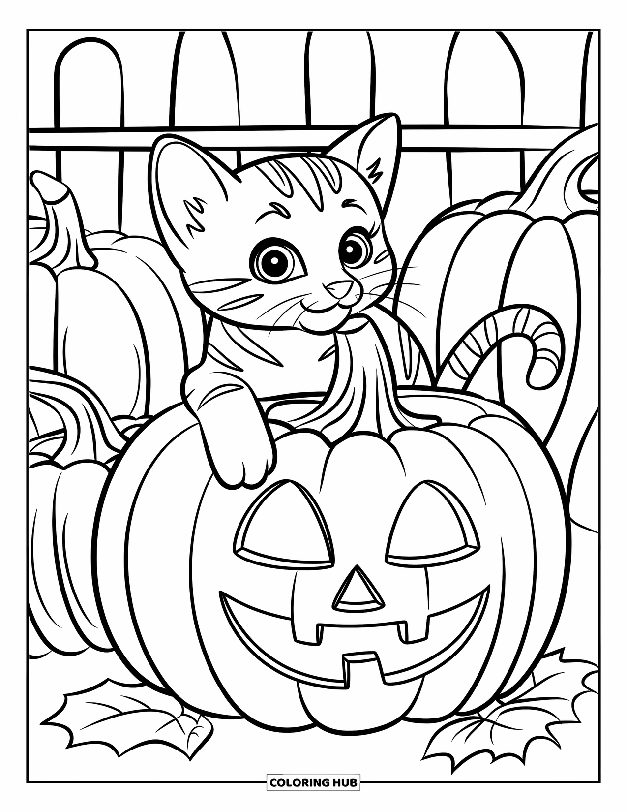 Kitten Coloring Page for Kids: A playful kitten rests a paw on a carved pumpkin in a lively pumpkin patch