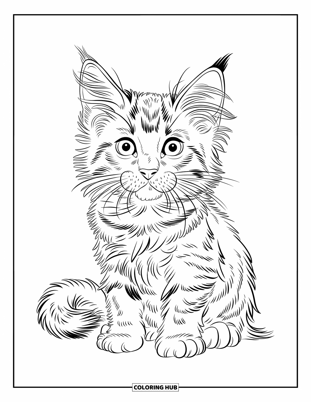Kitten Coloring Page for Kids: A playful kitten stands in the grass, its fluffy tail raised as it listens to the wind
