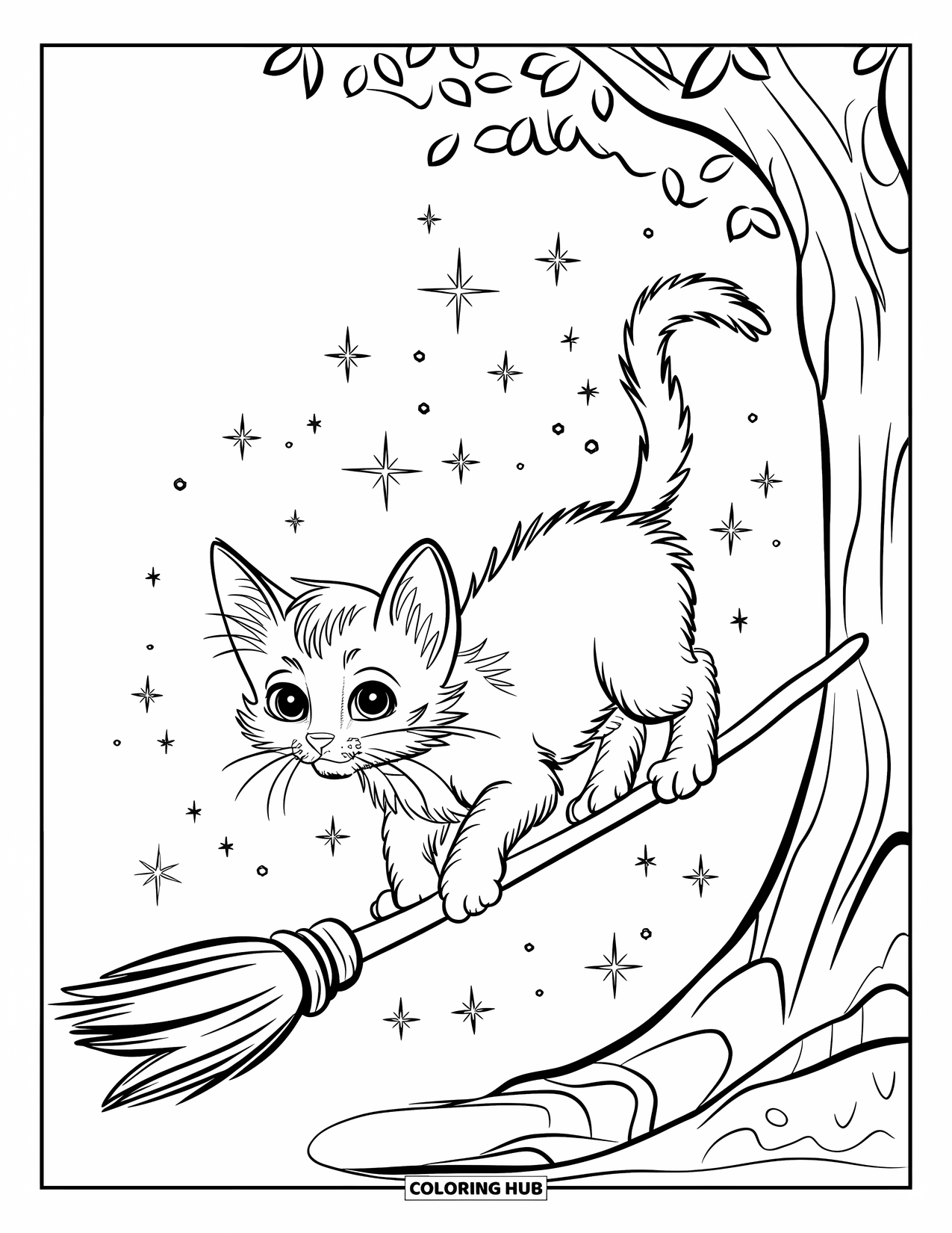 Kitten Coloring Page for Kids: A playful kitten steadies itself on a broomstick, floating among shimmering sparkles