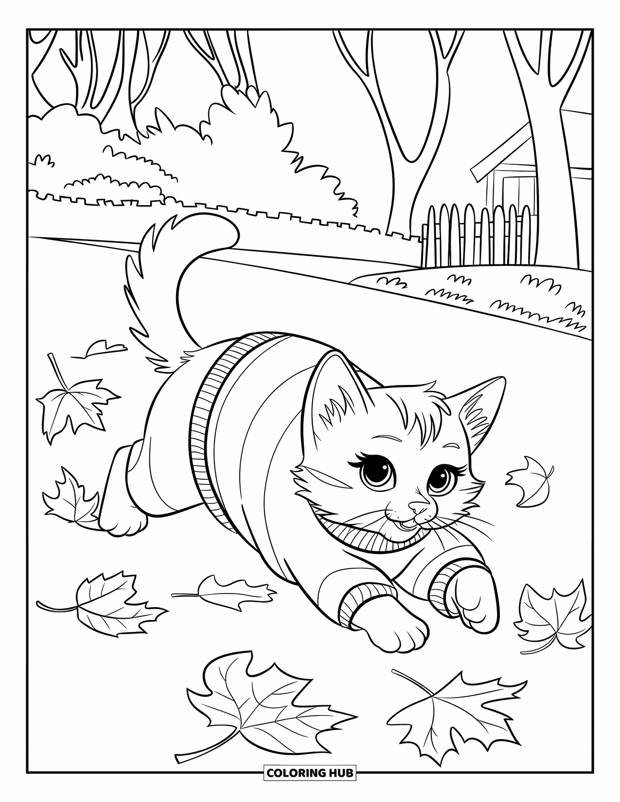 Kitten Coloring Page for Kids: A playful Ragdoll kitten chases autumn leaves swirling in the crisp breeze