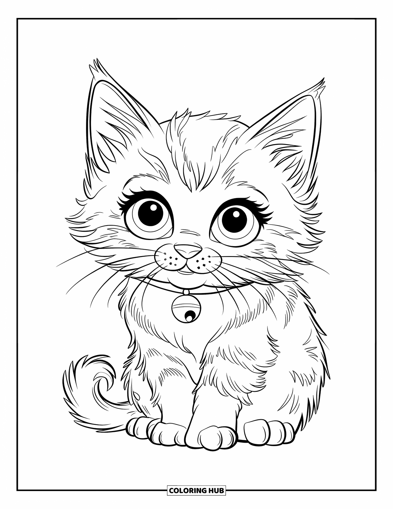 Kitten Coloring Page for Kids: A playful Ragdoll kitten with a fluffy tail sits upright, its bright eyes full of wonder