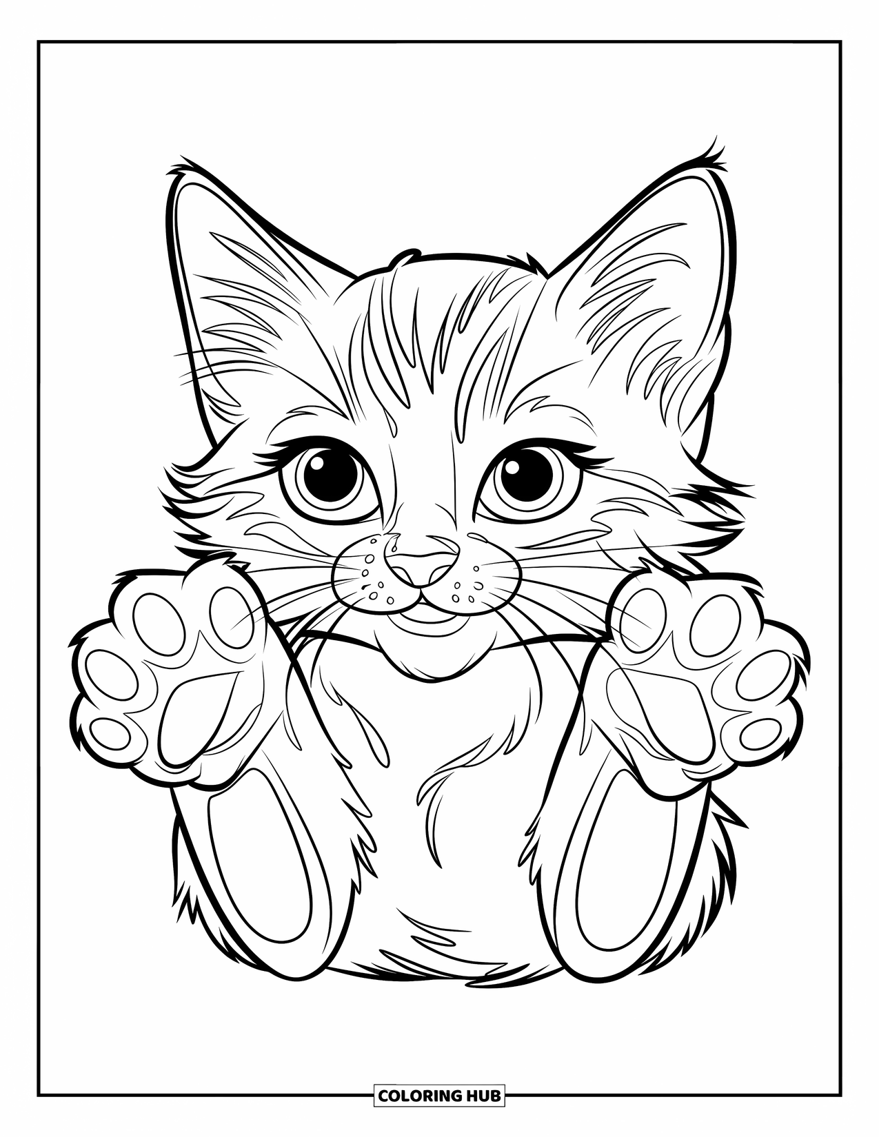 Kitten Coloring Page for Kids: A playful Siamese kitten bats at the air, its bright blue eyes focused on something unseen