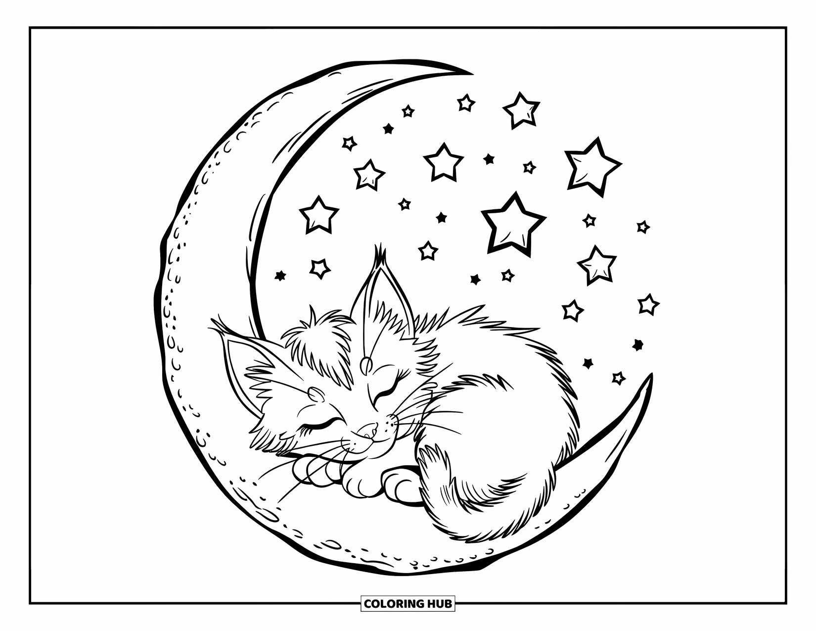 Kitten Coloring Page for Kids: A Ragdoll kitten dozes inside a crescent moon, wrapped in a dreamy cloud of stars