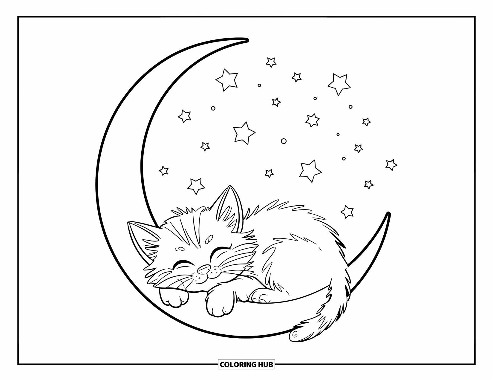 Kitten Coloring Page for Kids: A Ragdoll kitten sleeps curled up inside a crescent moon, surrounded by tiny floating stars