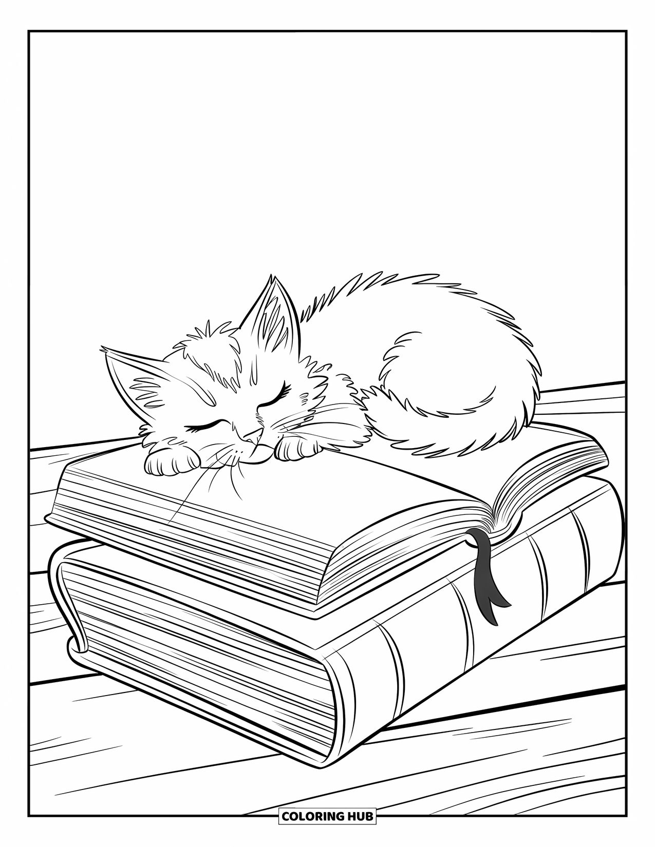 Kitten Coloring Page for Kids: A Ragdoll kitten sleeps peacefully on a stack of books, a fairy tale open beside it