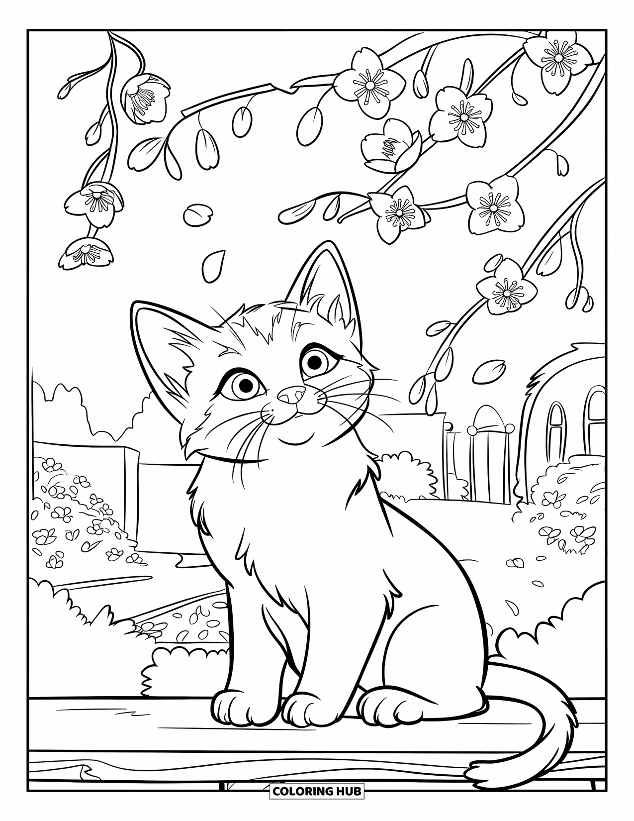 Kitten Coloring Page for Kids: A Scottish Fold kitten reaches out to touch falling cherry blossoms in a peaceful spring garden