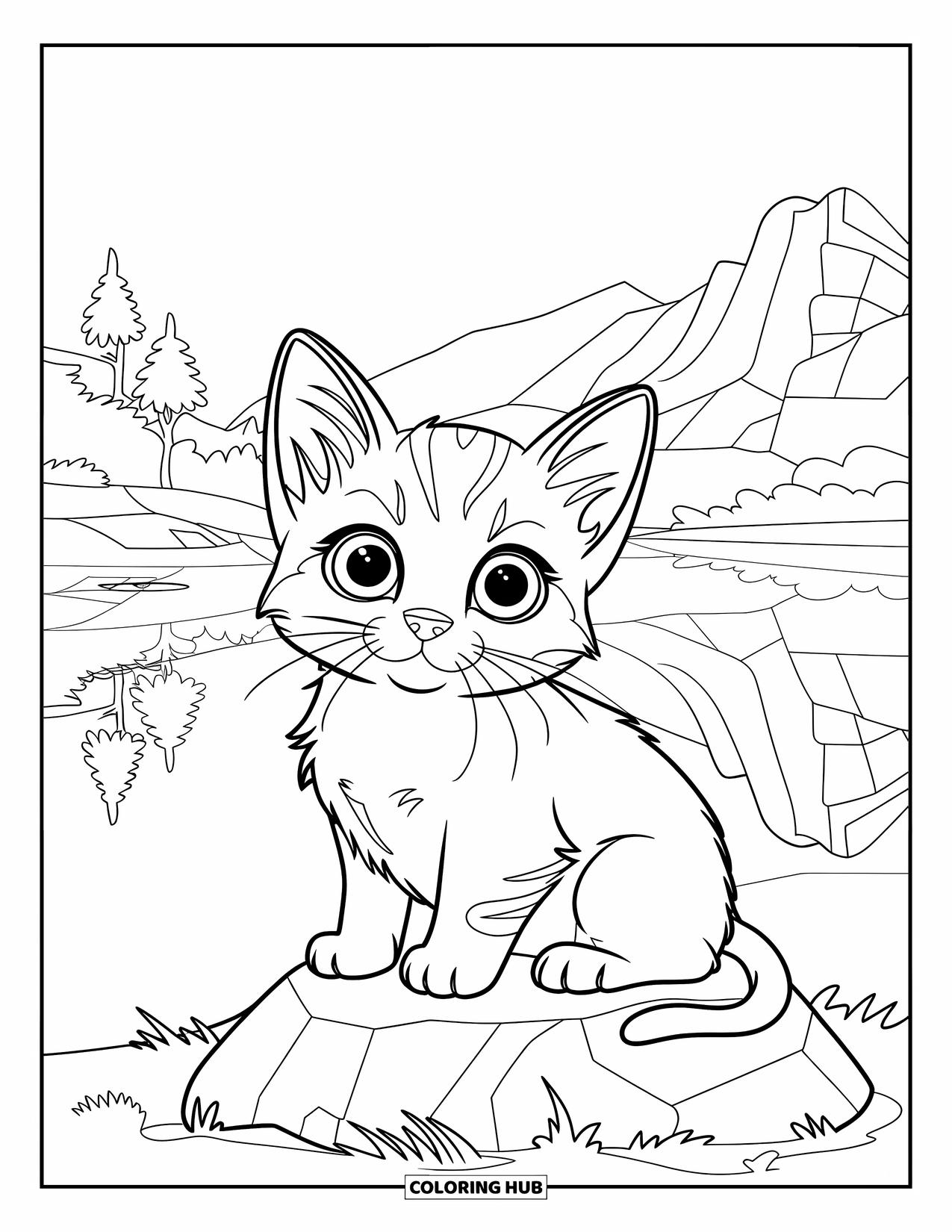 Kitten Coloring Page for Kids: A Scottish Fold kitten sits near a peaceful lake, its floppy ears making it extra adorable