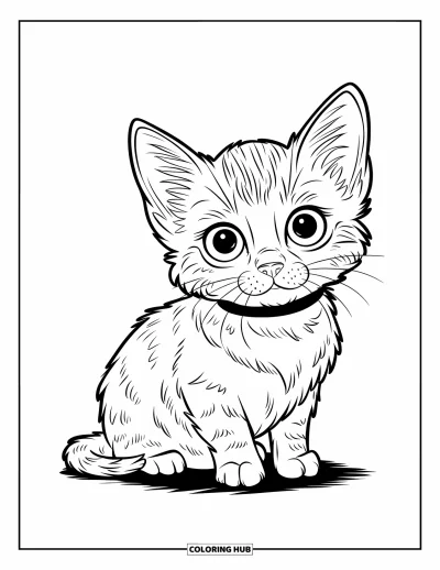 Desen de colorat cu pisicuțe pentru copii: Un pisoi Scottish Fold stă liniștit, iar ochii lui mari și rotunzi reflectă lumea din jur