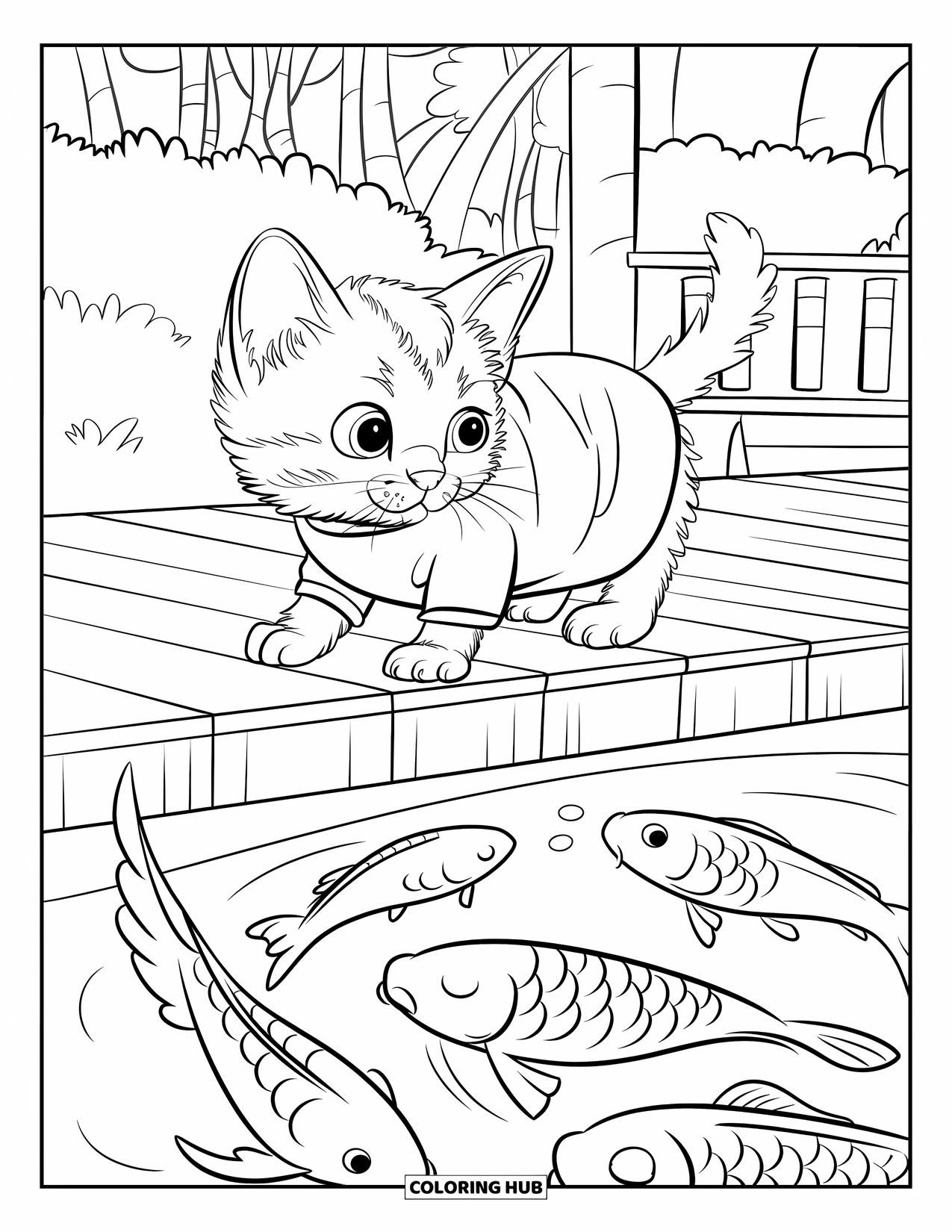 Kitten Coloring Page for Kids: A Scottish Fold kitten stands on a wooden dock, watching koi fish swim below