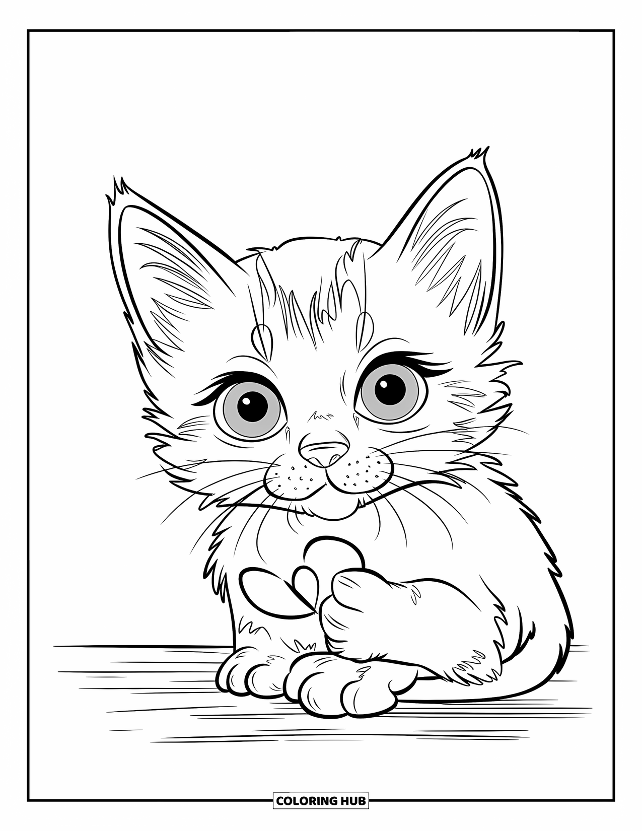 Kitten Coloring Page for Kids: A Siamese kitten sits on a wooden surface, clutching a small heart-shaped object in its paw