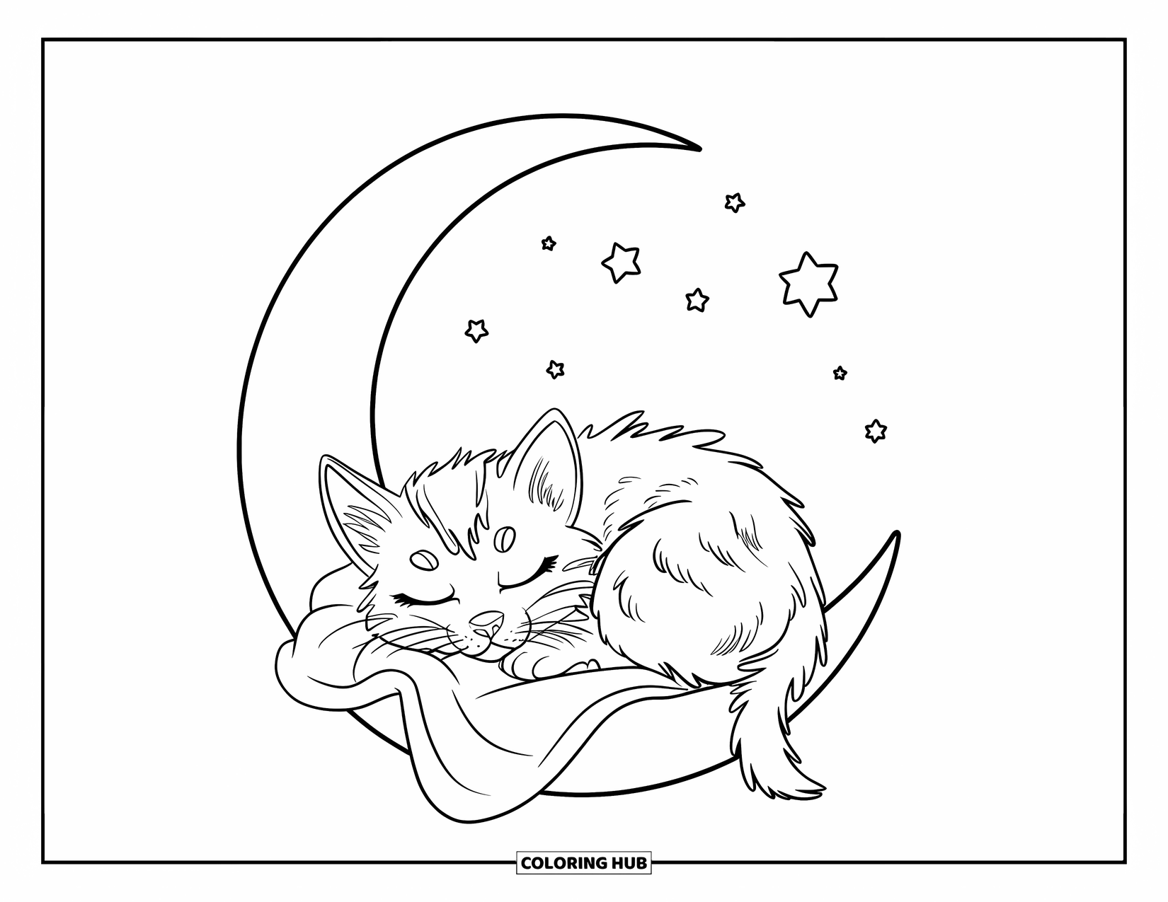 Kitten Coloring Page for Kids: A sleeping kitten nestles inside a crescent moon, with stars twinkling in the night sky