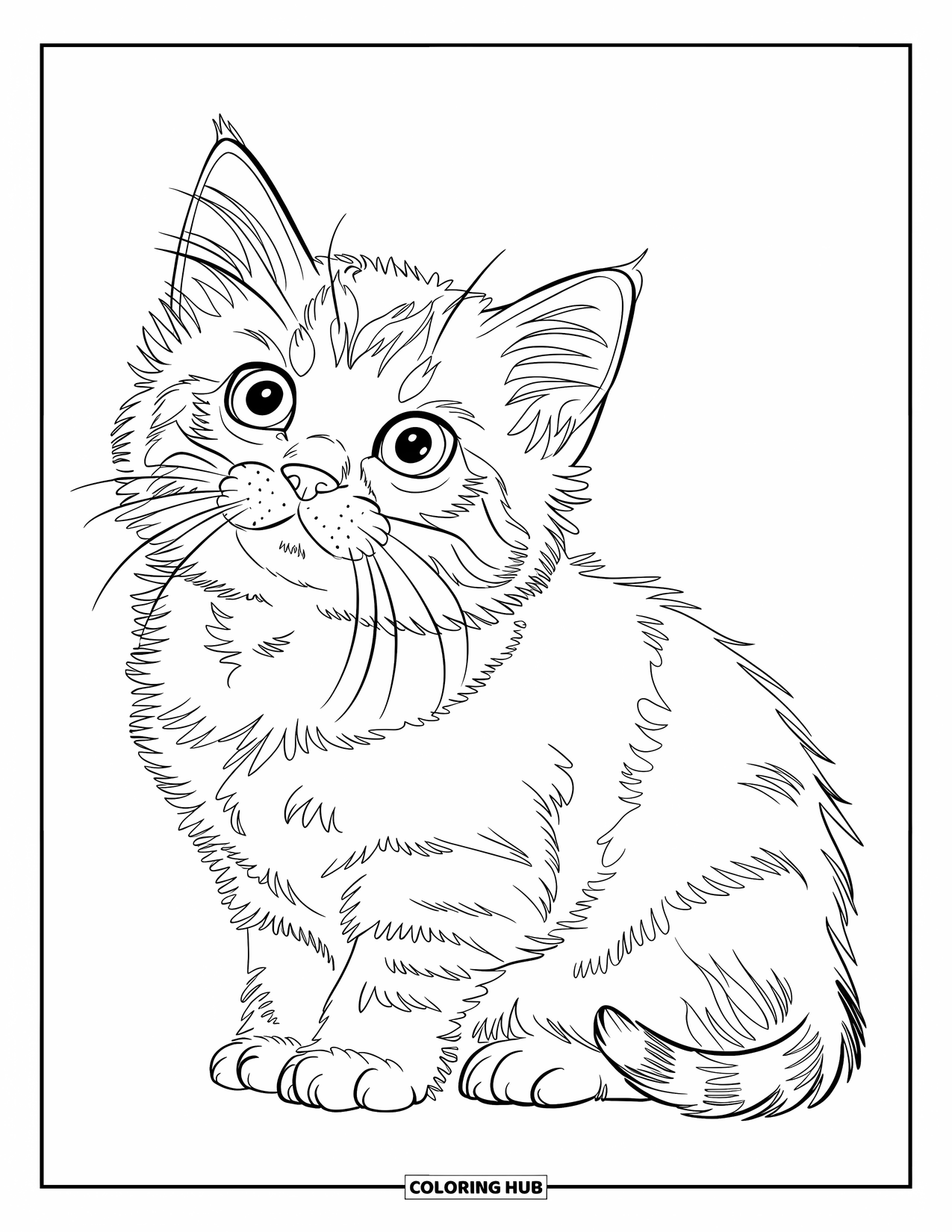 Kitten Coloring Page for Kids: A soft-furred kitten sits on a wooden floor, looking up with big, innocent eyes