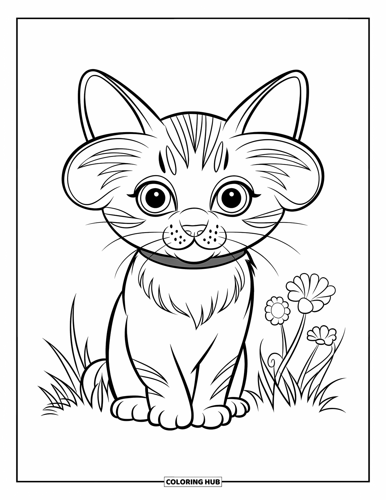 Kitten Coloring Page for Kids: A sweet kitten with folded ears gazes upward, its soft fur slightly ruffled by the breeze