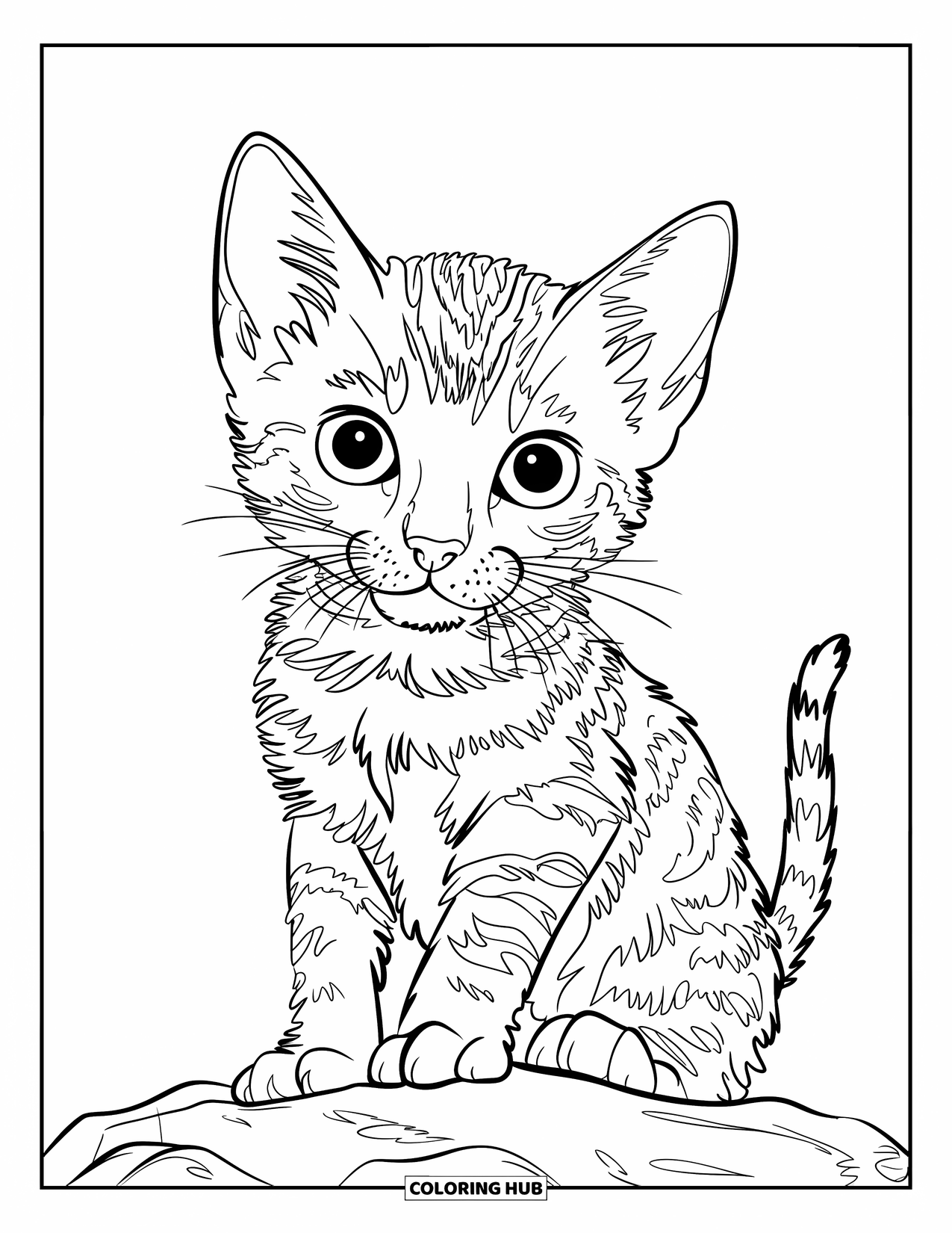 Kitten Coloring Page for Kids: A tiny Bengal kitten sits near the water, its distinctive fur patterns standing out beautifully