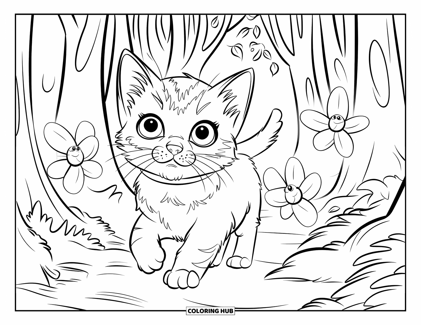 Kitten Coloring Page for Kids: A tiny kitten in a forest watches fireflies float around, glowing softly in the night