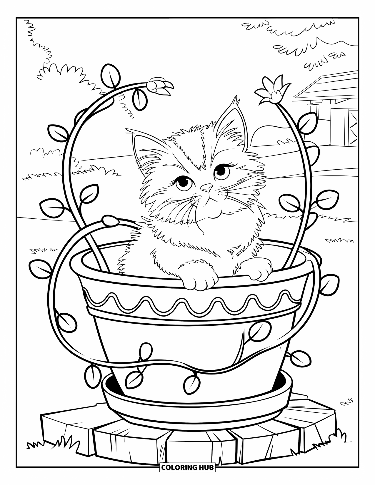 Kitten Coloring Page for Kids: A tiny kitten sits inside a decorated flower pot, looking up at swaying leaves above
