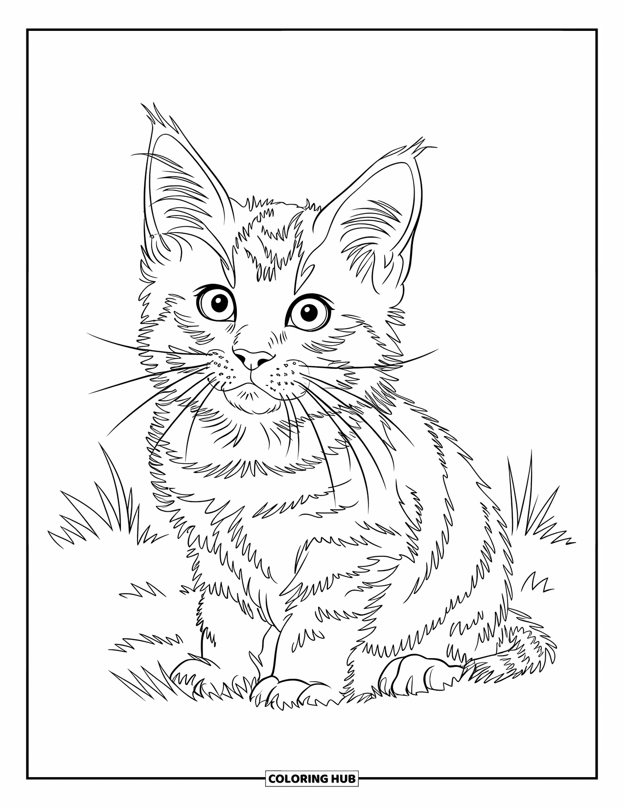 Kitten Coloring Page for Kids: A tiny Maine Coon kitten watches the sky, its thick fur making it look extra cuddly