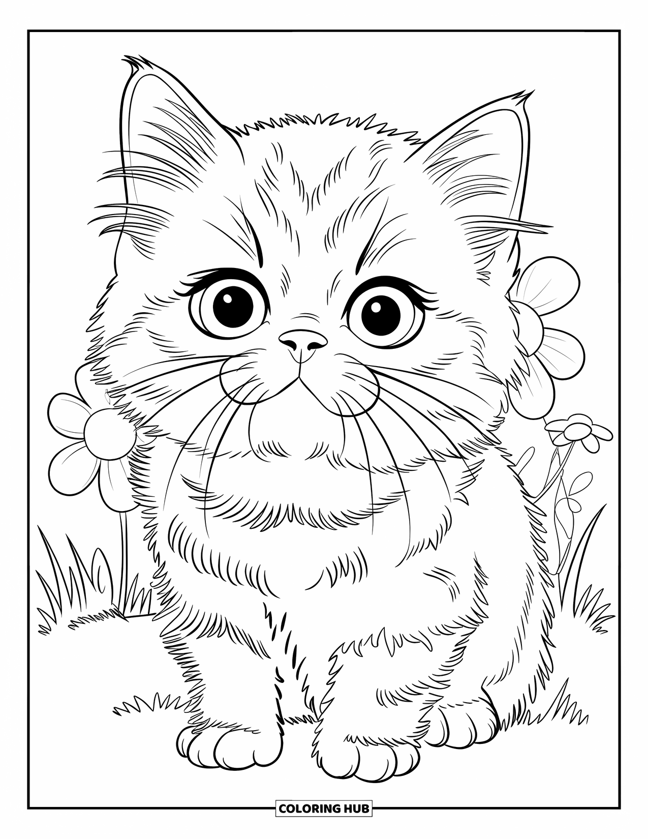 Kitten Coloring Page for Kids: A tiny Persian kitten sits near blooming flowers, watching the gentle breeze sway the petals