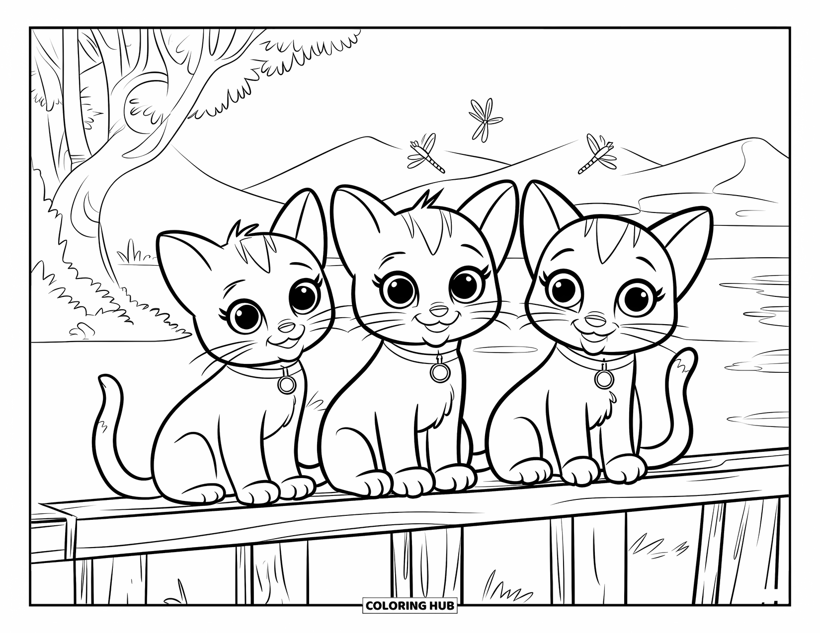 Kitten Coloring Page for Kids: A trio of kittens perches on a fence, mesmerized by the flickering glow of fireflies