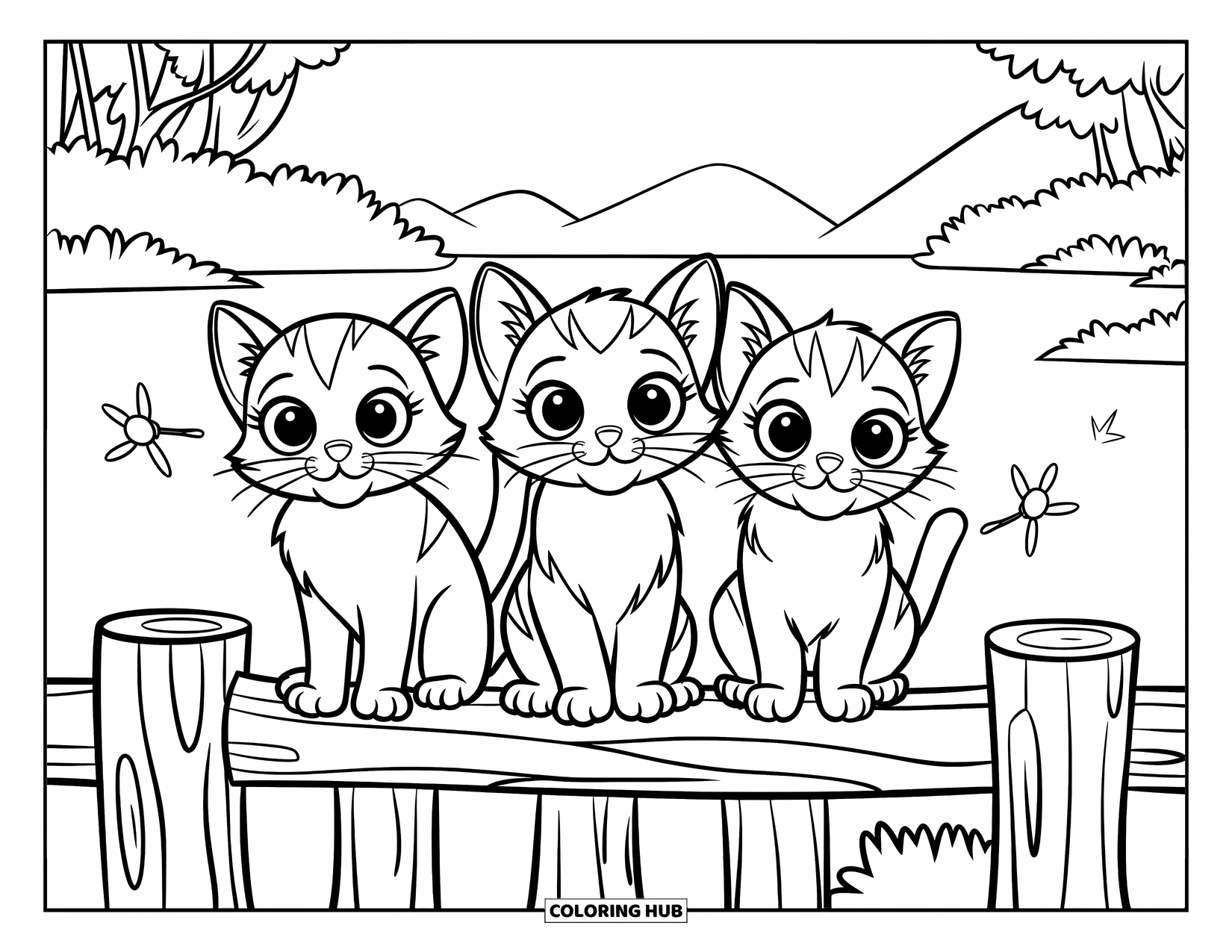 Kitten Coloring Page for Kids: Kittens sit on an old fence, their eyes wide as fireflies dance in the night