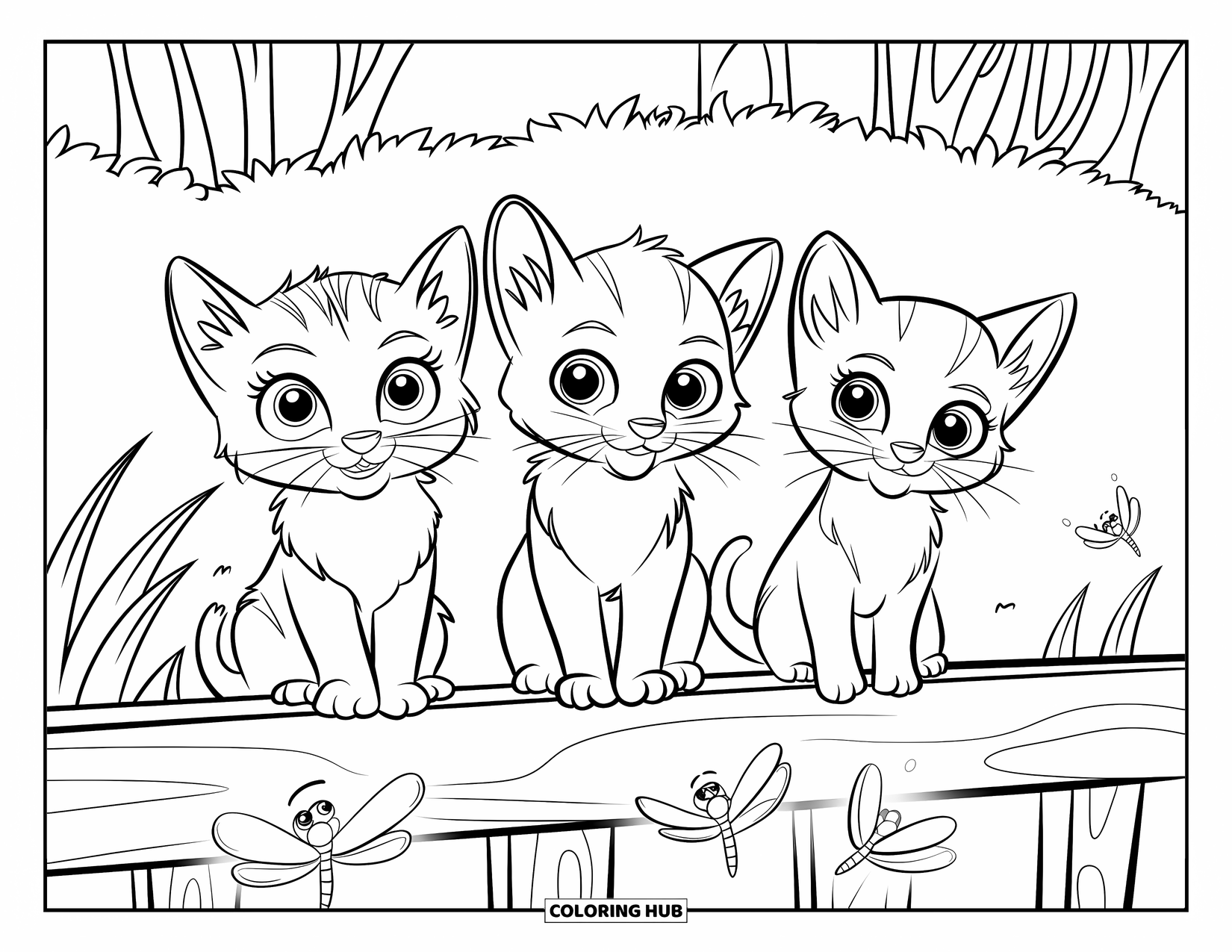 Kitten Coloring Page for Kids: Three curious kittens lean over a fence, watching tiny fireflies light up the night