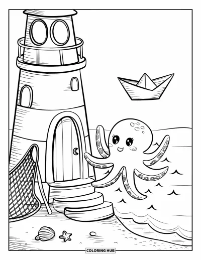 Coloriage de phare pour adultes : Un phare confortable près de la mer, avec une pieuvre joueuse tendant la main vers un bateau en papier flottant