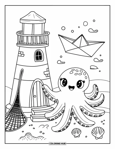 Coloriage de phare pour adultes : Un phare amical se dresse au bord du rivage alors qu'une pieuvre tend curieusement la main vers un bateau en papier flottant